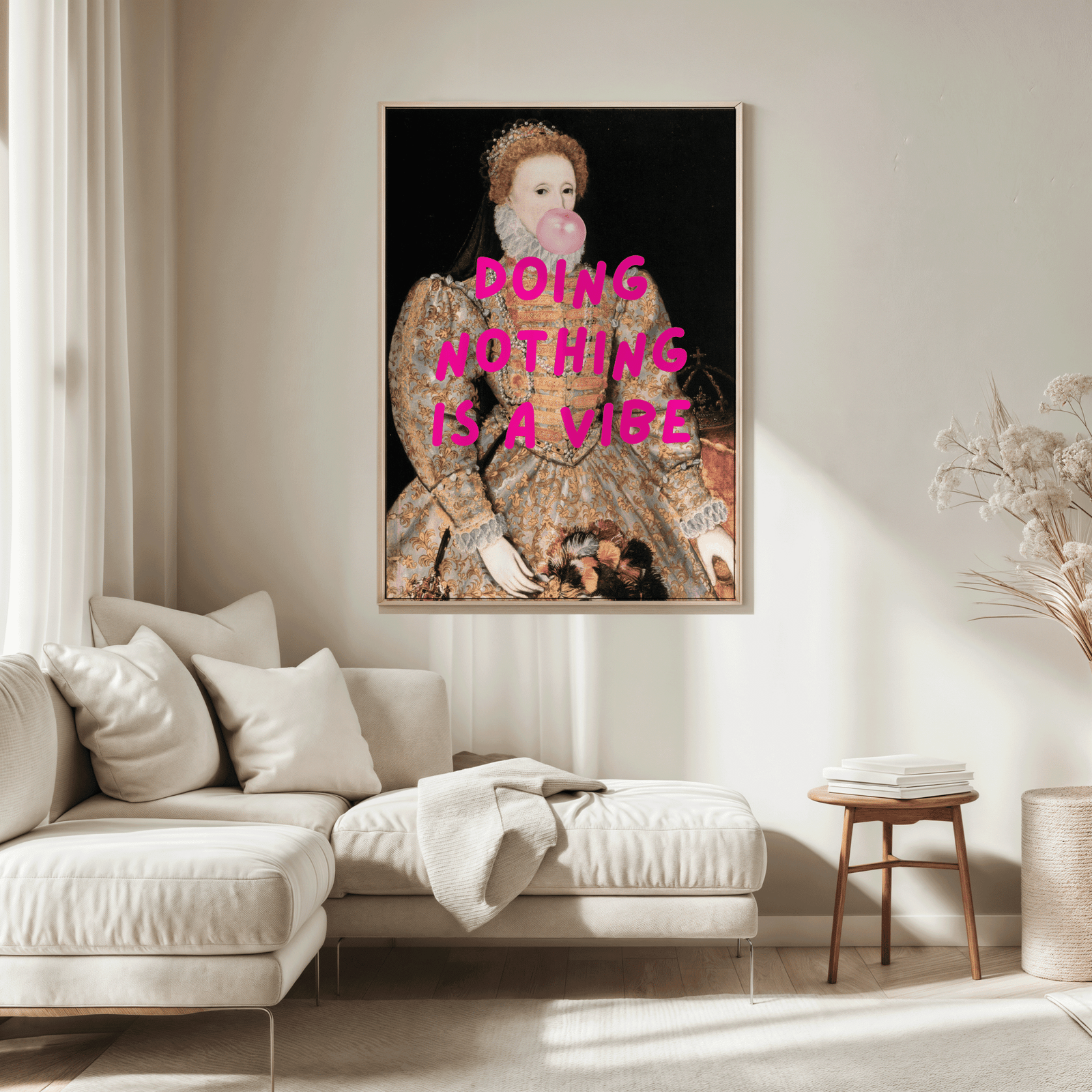 oversized framed funny vintage wall art of a victorian princess being cheeky styled above sofa in bright neutral living room
