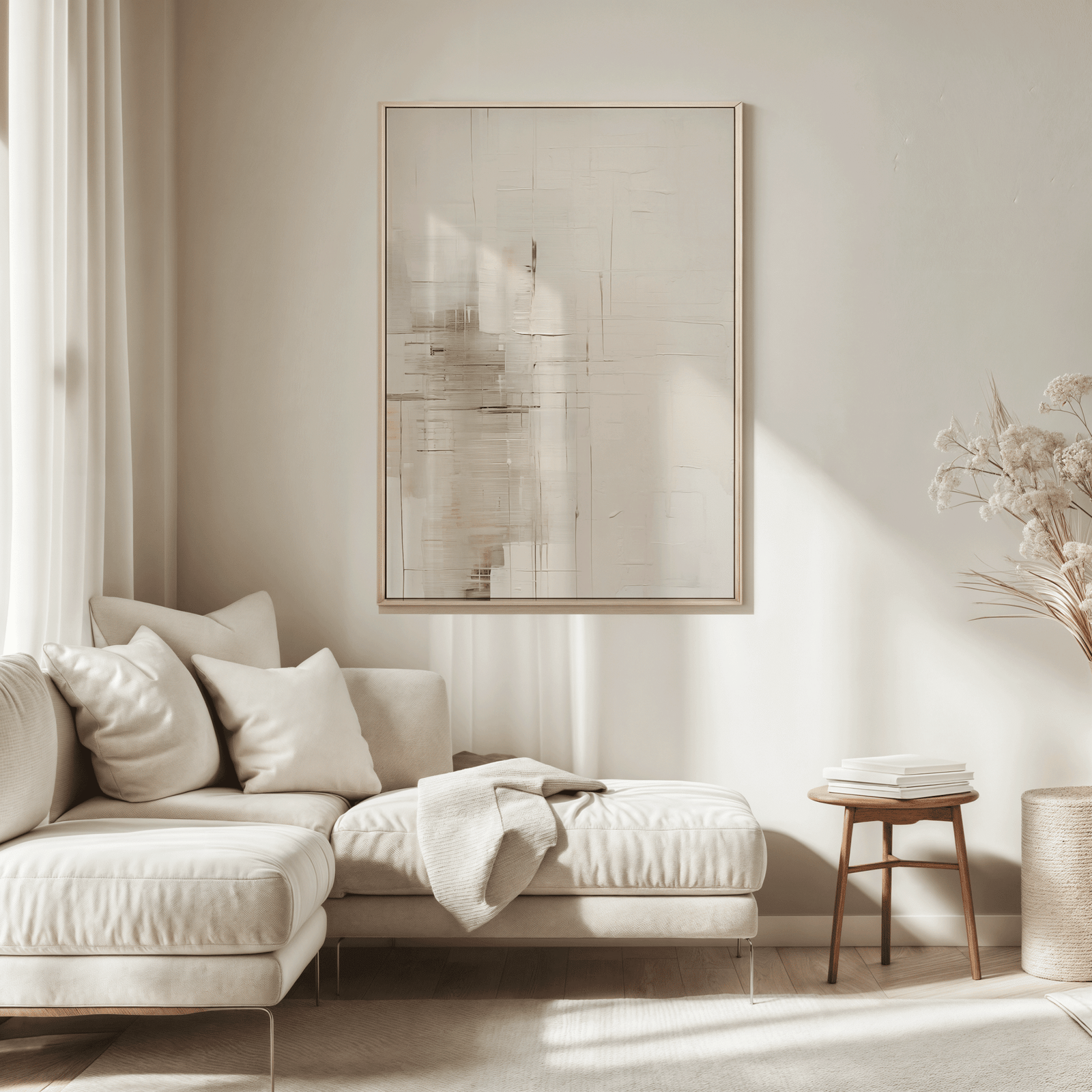 Large neutral abstract wall art framed with a light wooden frame above beige sectional sofa in bright minimalist living room. Artwork has a mix of beige, creams, dark and light brown tones for a neutral, warm vibe.