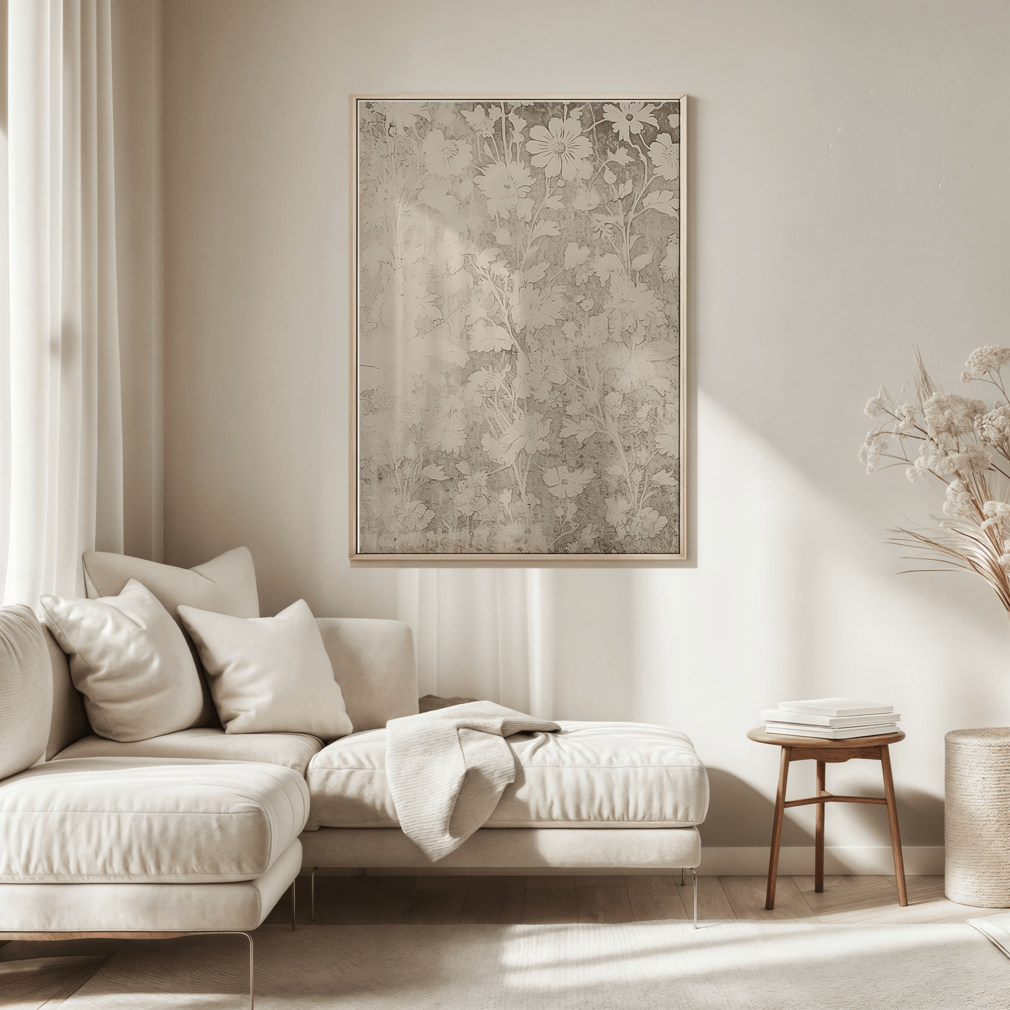 large vintage botanical framed canvas wall art above beige sofa in bright neutral living room