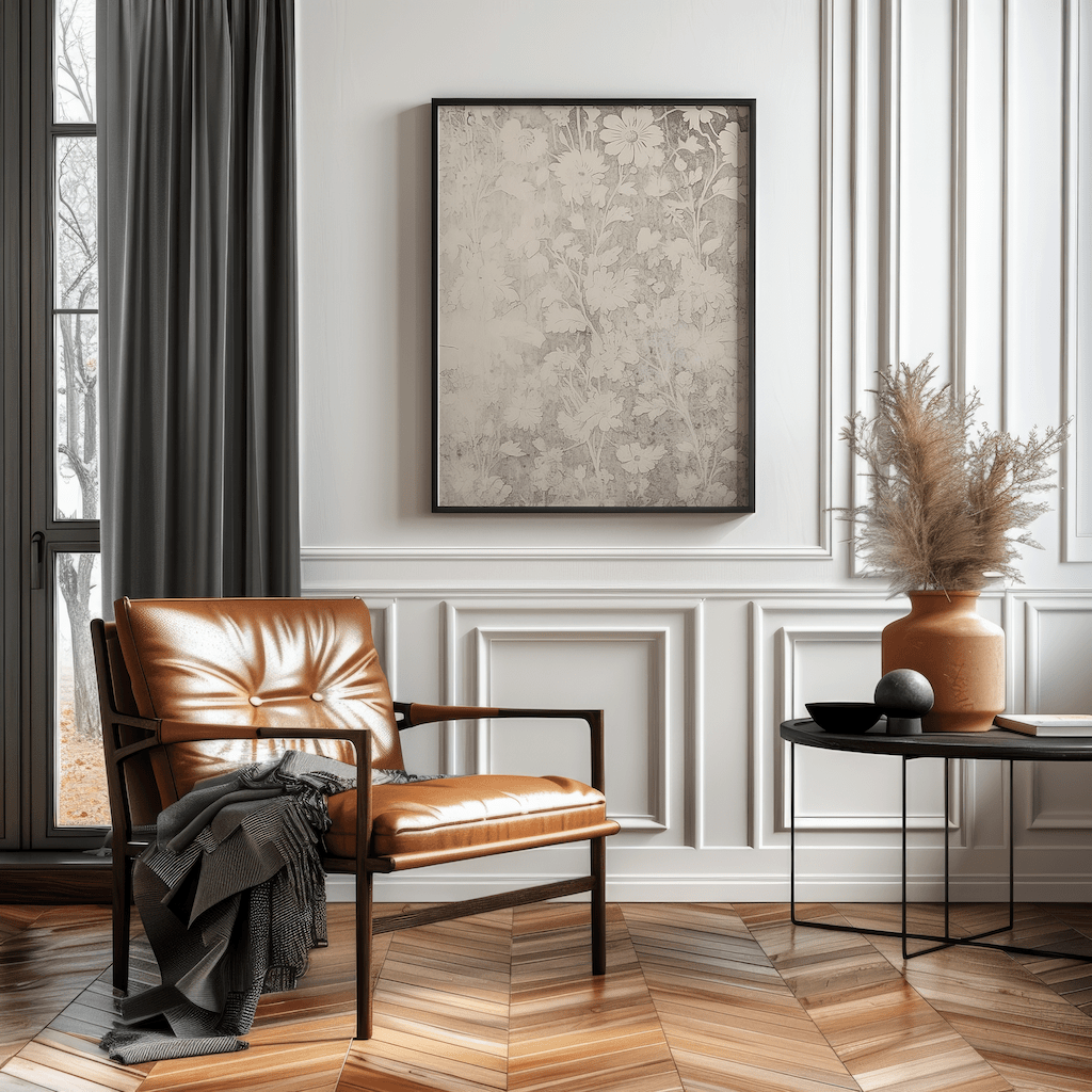 neutral botanical wall art framed print in modern living room with leather accent chair