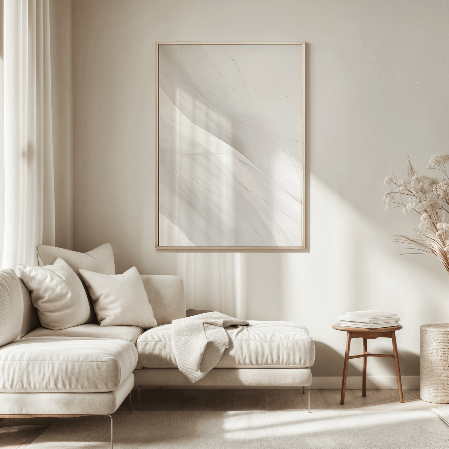 Large neutral wall art print in white and grey soft flowing lines with a wooden frame displayed above sofa in modern living room