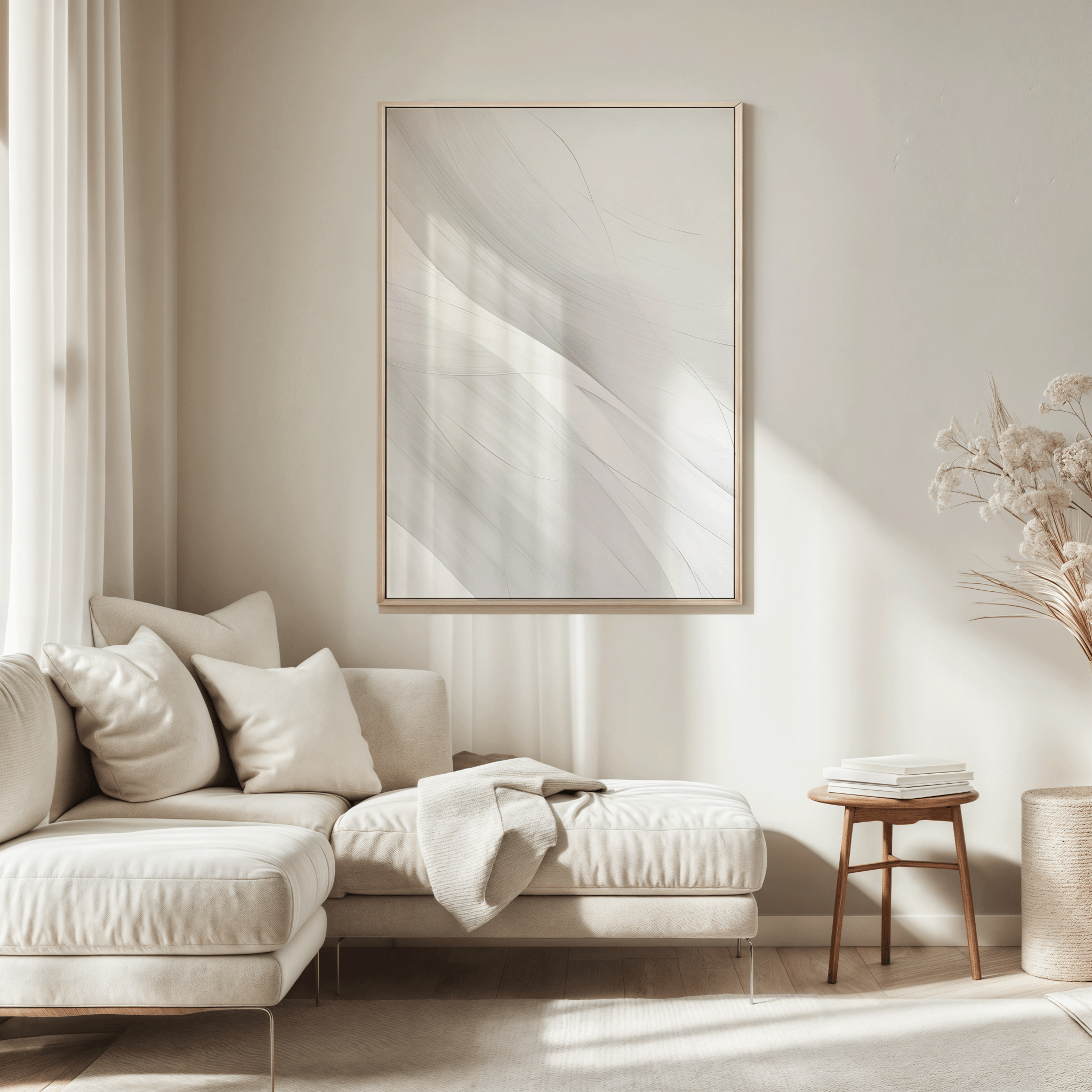 Large neutral wall art print in white and grey soft flowing lines with a wooden frame displayed above sofa in modern living room
