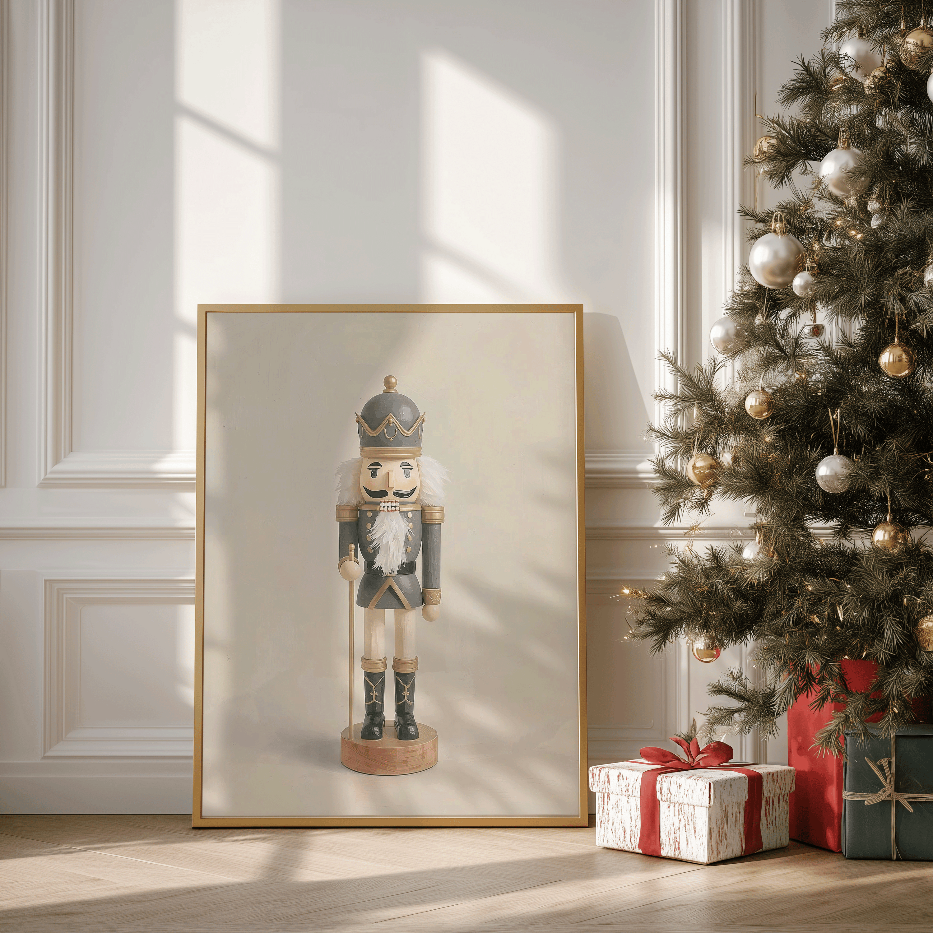 Large framed nutcracker Christmas canvas leaning against a white paneled wall with sunlight casting soft shadows, styled beside a decorated gold-and-white Christmas tree and wrapped red-and-white presents