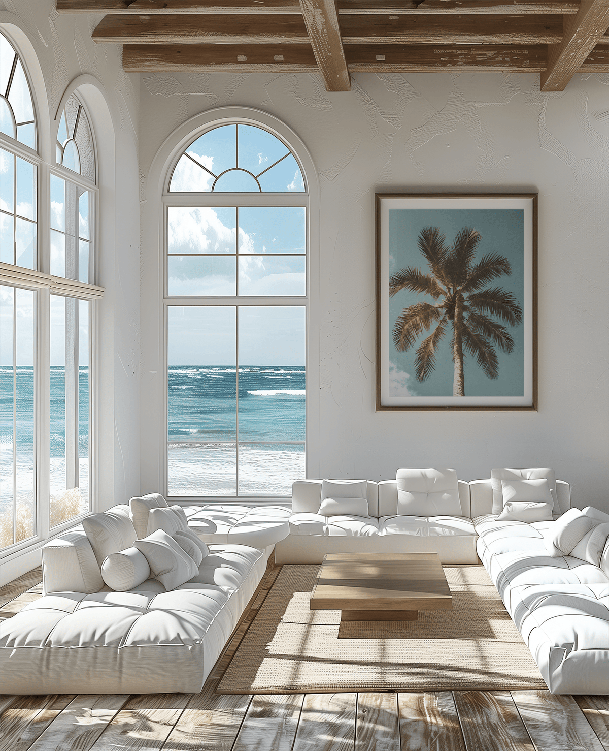 Palm tree wall art above white sofa in bright coastal living room with ocean view