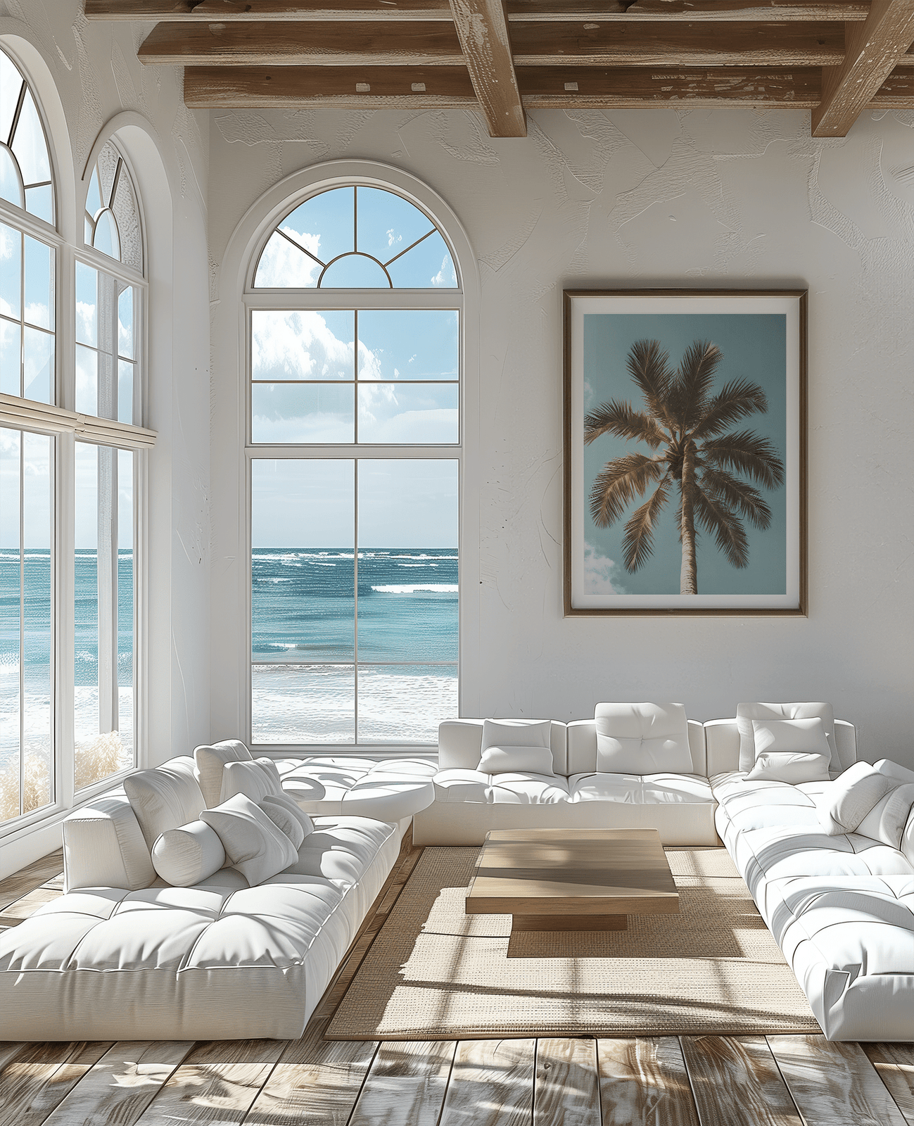 Palm tree wall art above white sofa in bright coastal living room with ocean view