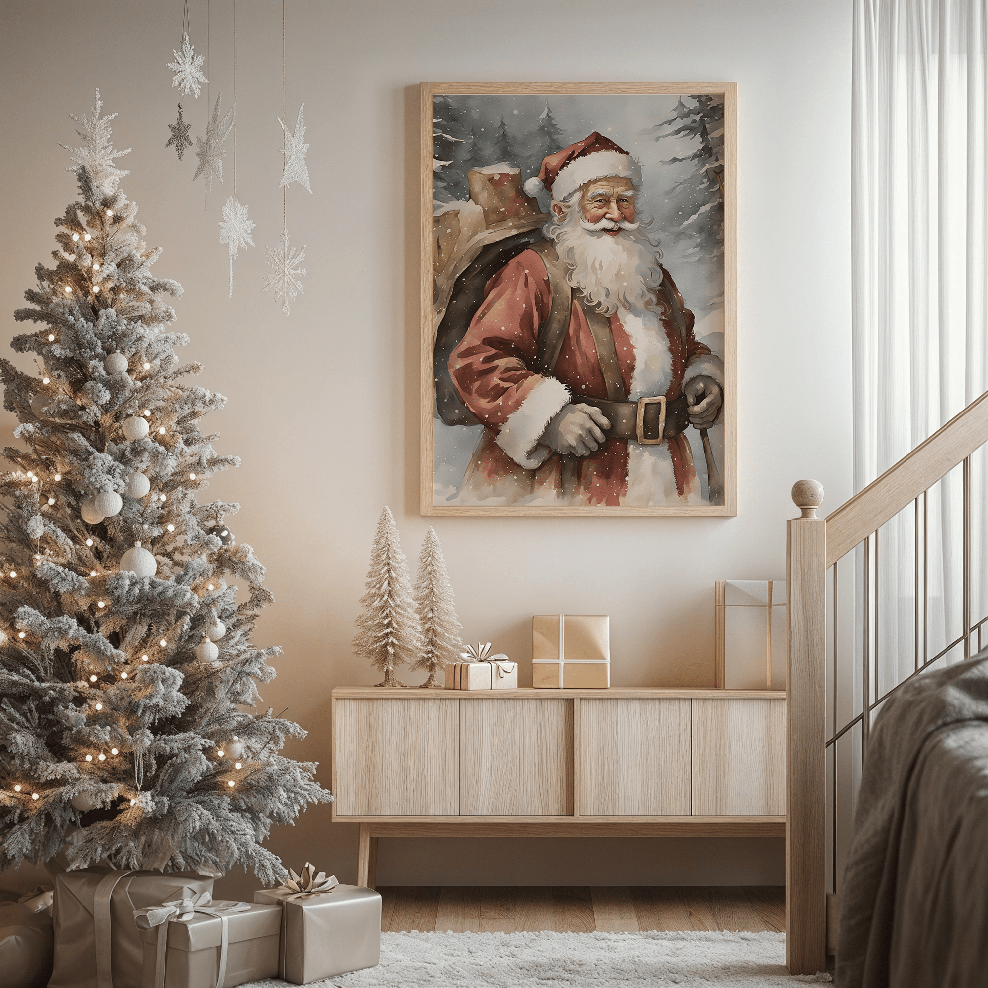 Large Santa Claus Christmas wall art hanging in neutral holiday entryway with flocked tree and wrapped gifts, perfect for a living room or dining room 