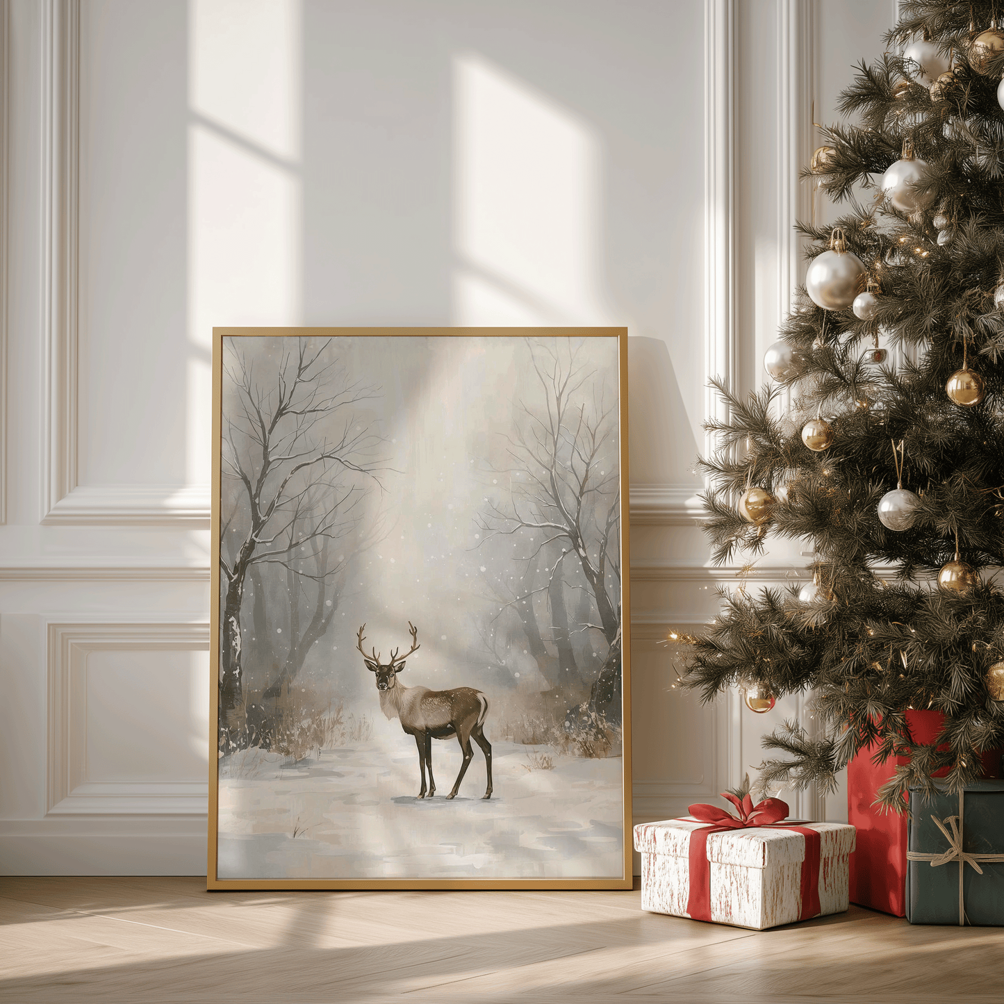 Large framed winter deer artwork leaning on a wall beside a decorated Christmas tree with gold ornaments and warm fairy lights, capturing a peaceful snowy forest scene with soft sunlight and frosted woodland textures.