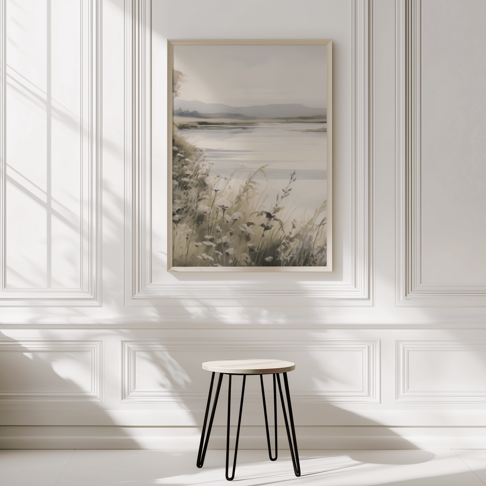 oversized soft lake landscape wall art framed on a white minimal wall with wainscotting and stool