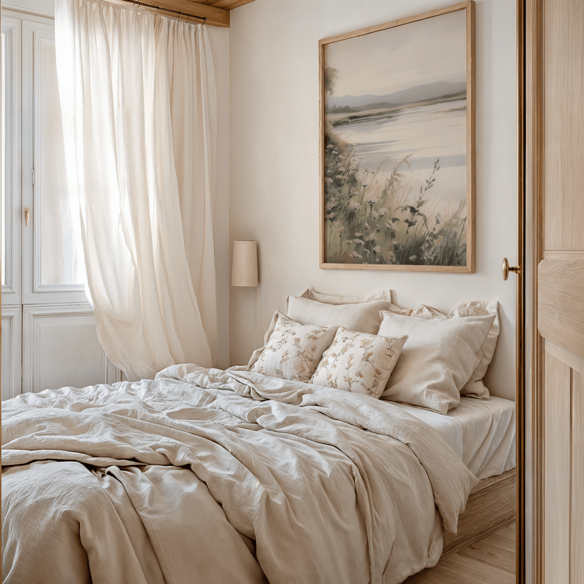 Large soft landscape wall art framed above bed with neutral bedding and soft curtains
