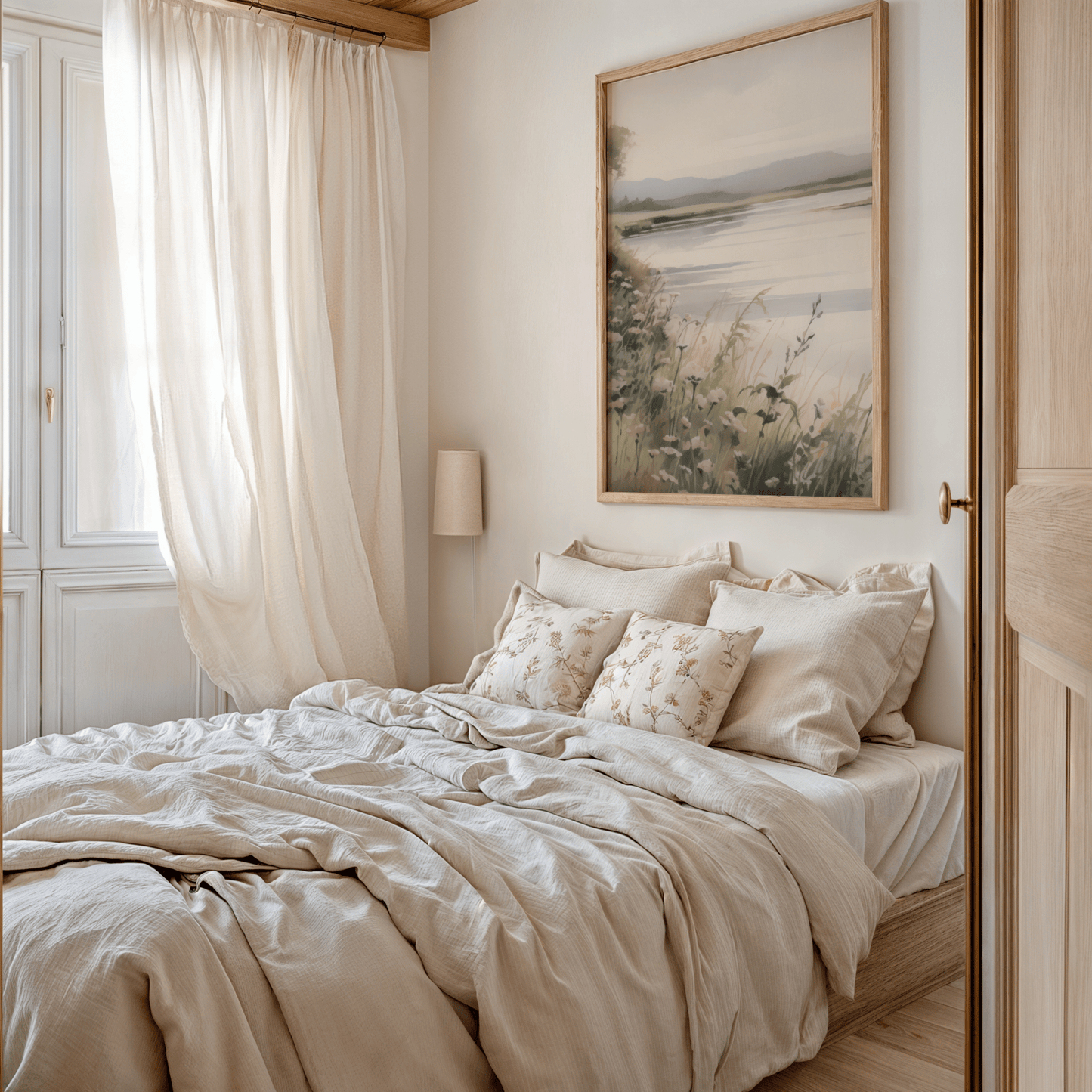 Large soft landscape wall art framed above bed with neutral bedding and soft curtains
