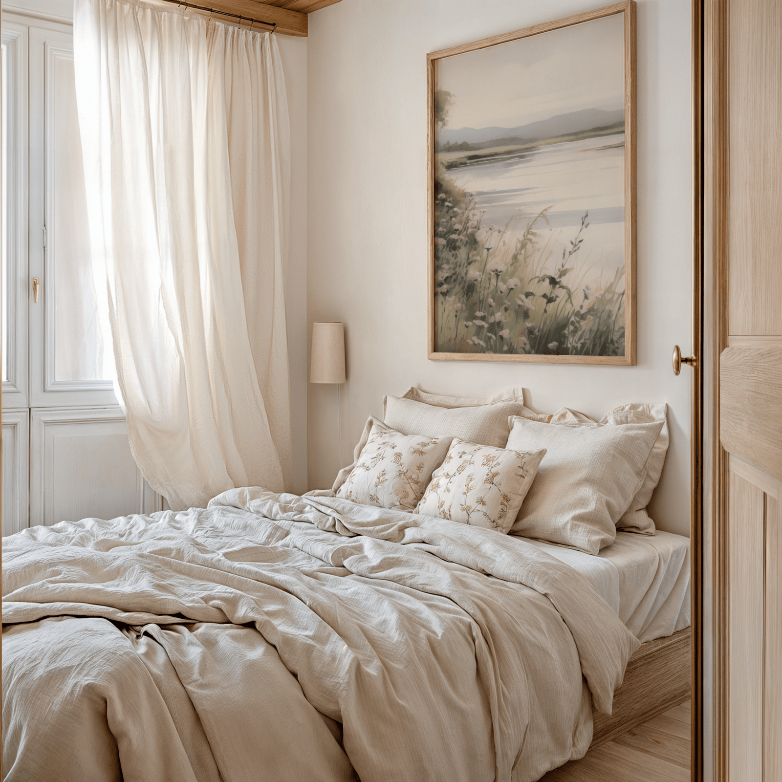Large soft landscape wall art framed above bed with neutral bedding and soft curtains