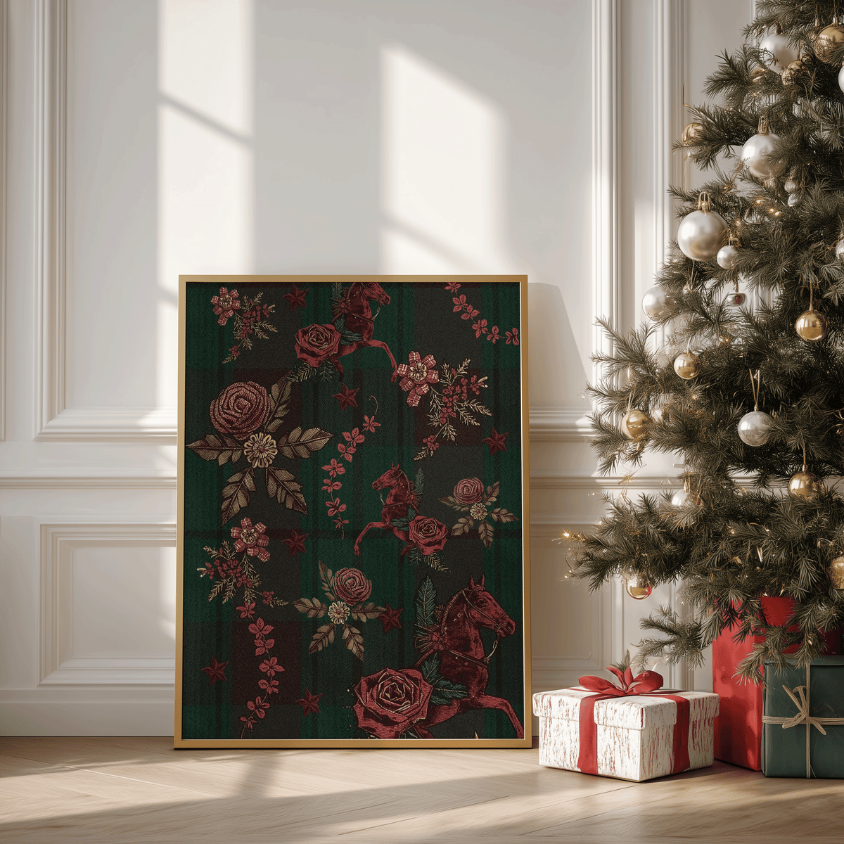 Large framed tartan plaid Christmas print with vintage horses leaning beside a decorated tree and wrapped gifts