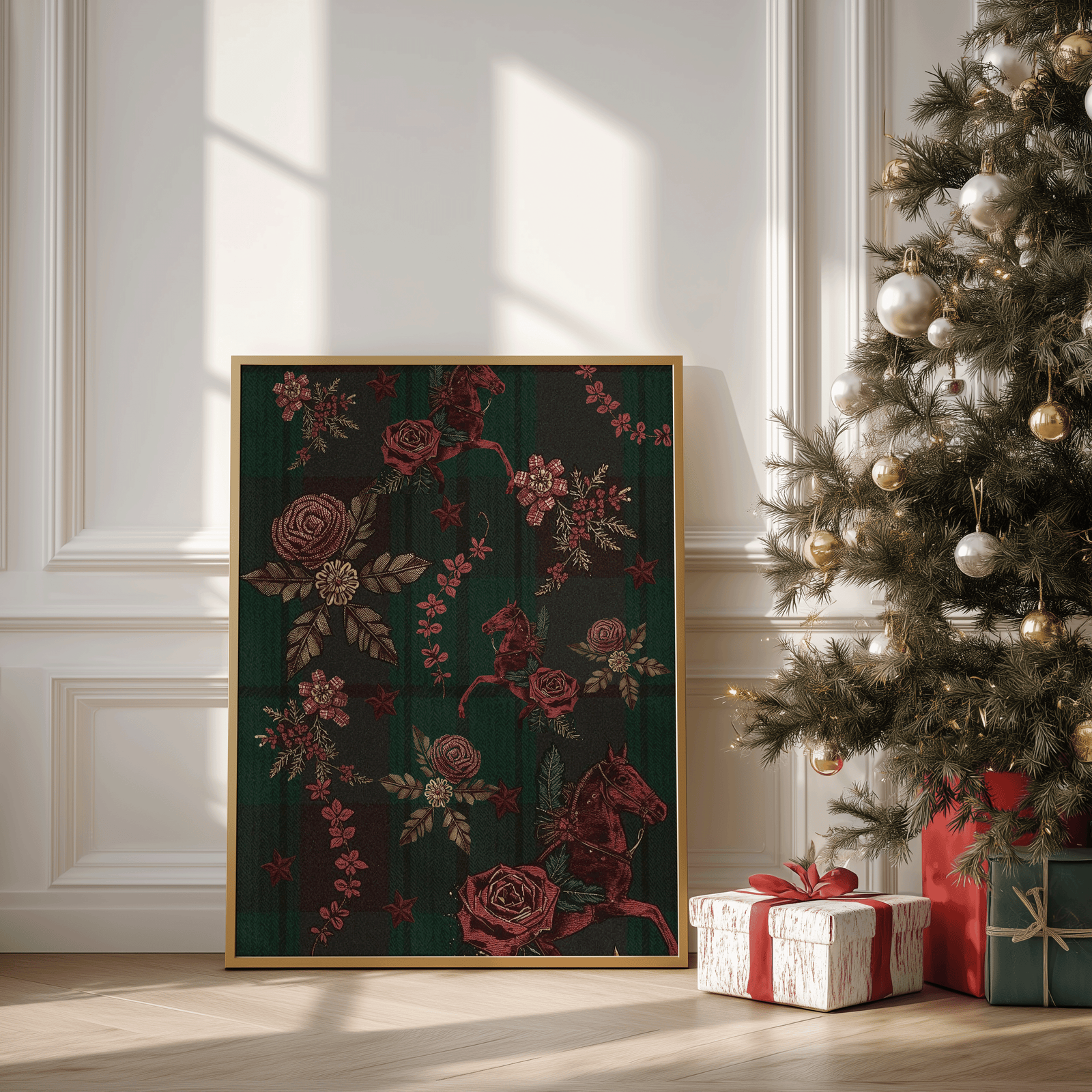 Large framed tartan plaid Christmas print with vintage horses leaning beside a decorated tree and wrapped gifts