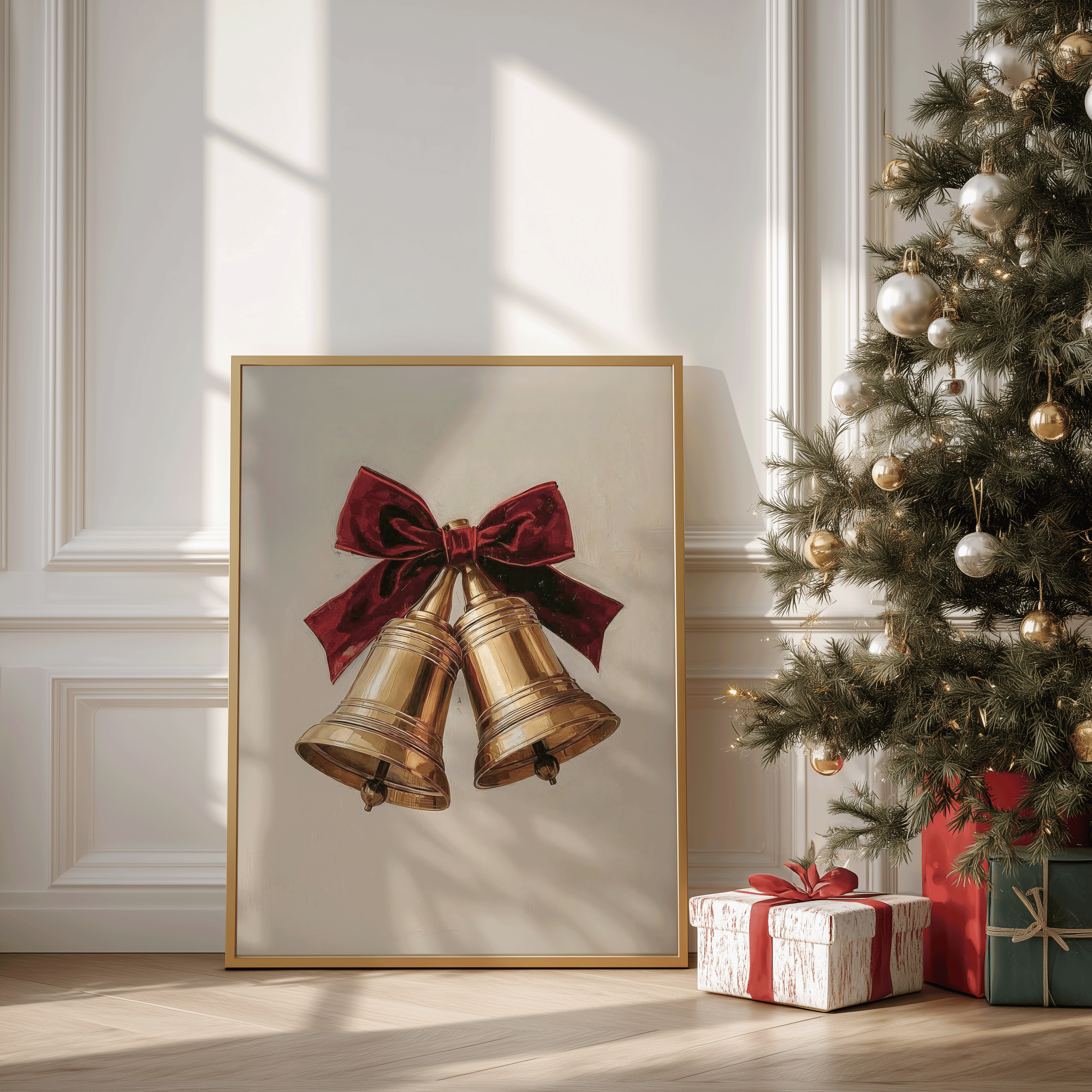 Large vintage gold bells Christmas artwork in natural sunlight beside a decorated tree, creating a warm, upscale, country-elegant Ralph Lauren Christmas atmosphere.