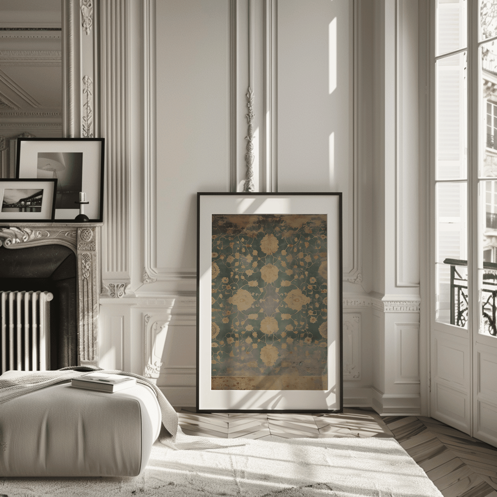 Framed floral patterned blue and beige textile wall art print framed against a wall in a modern living room