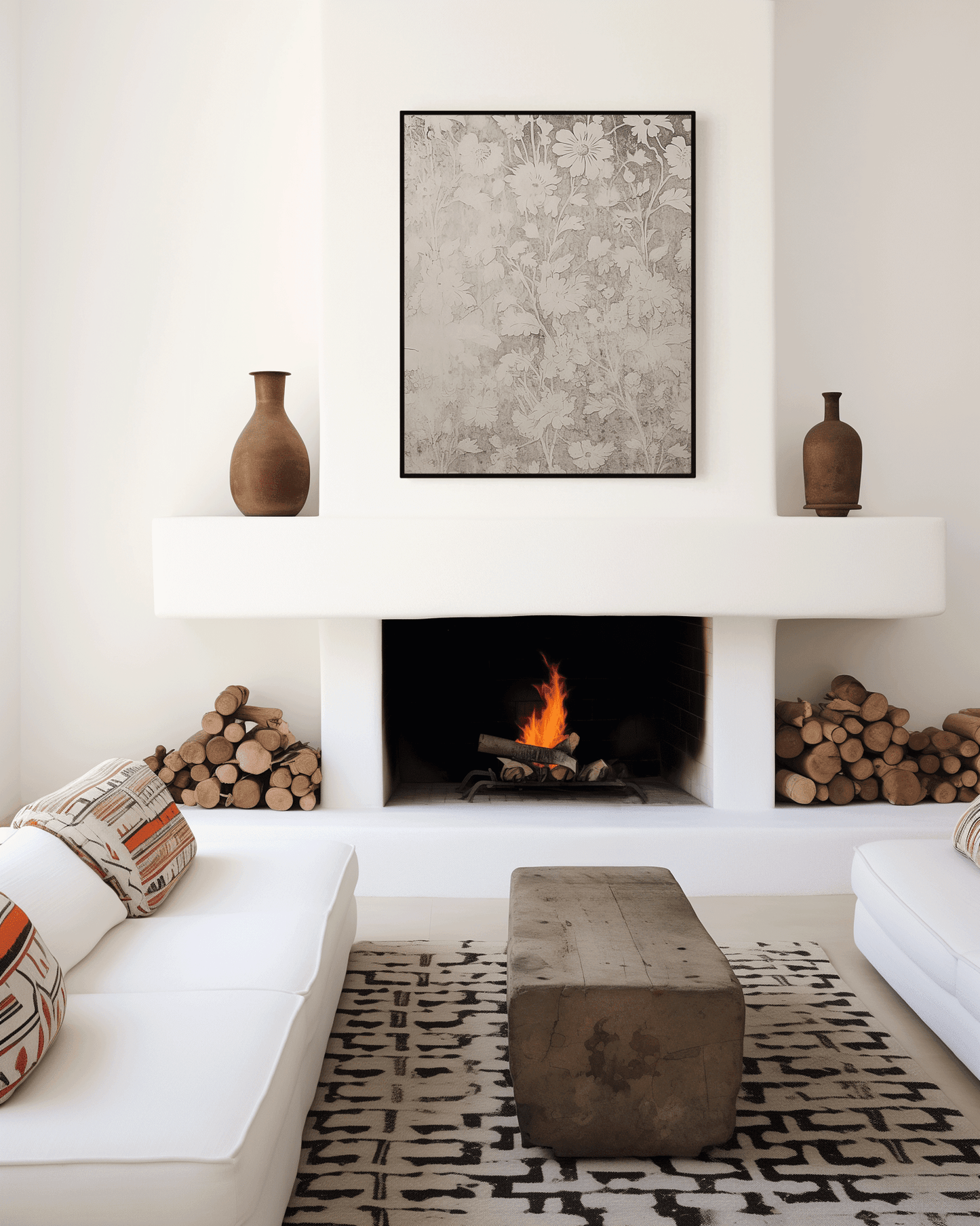 vintage botanical wall art canvas print framed above fireplace in neutral modern living room