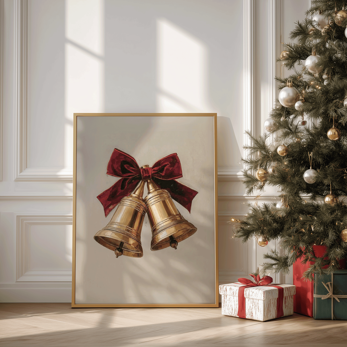 Large vintage gold bells Christmas wall art in natural sunlight beside a decorated tree