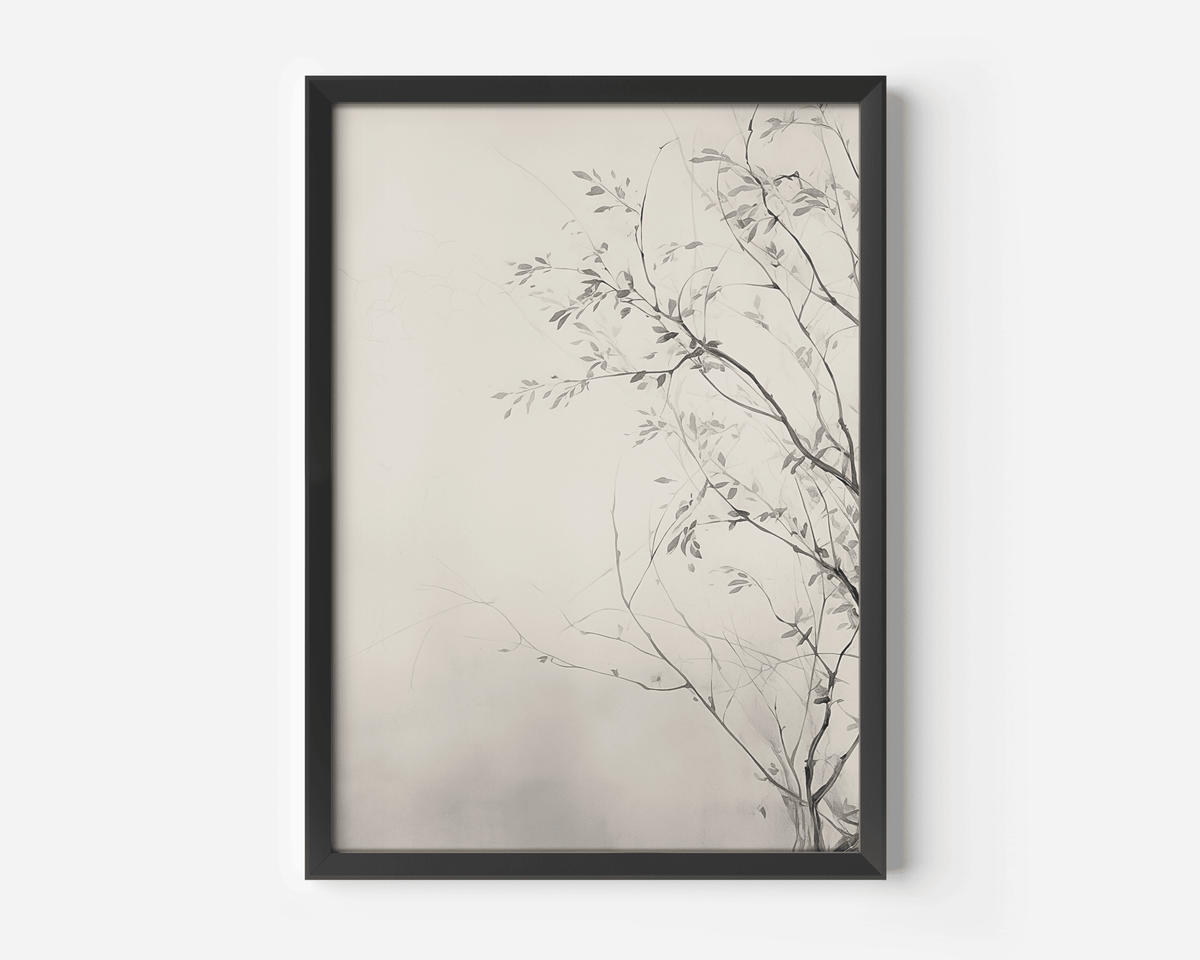 Vintage botanical wall art print with soft beige grey moody background and delicate branches with a black frame