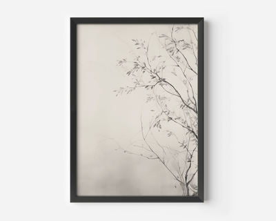 Vintage botanical wall art print with soft beige grey moody background and delicate branches with a black frame