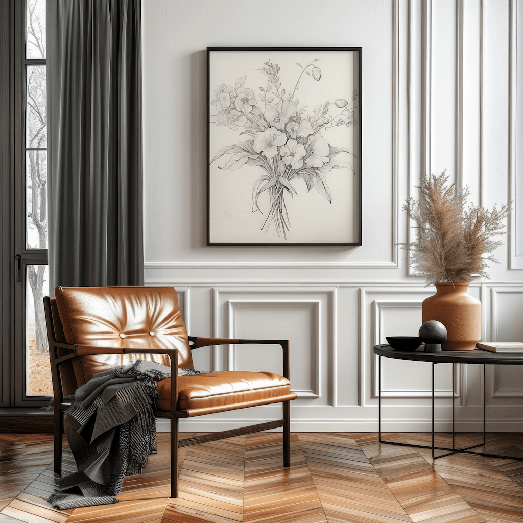 A large framed vintage peony bouquet floral sketch styled above a leather armchair in a contemporary living room