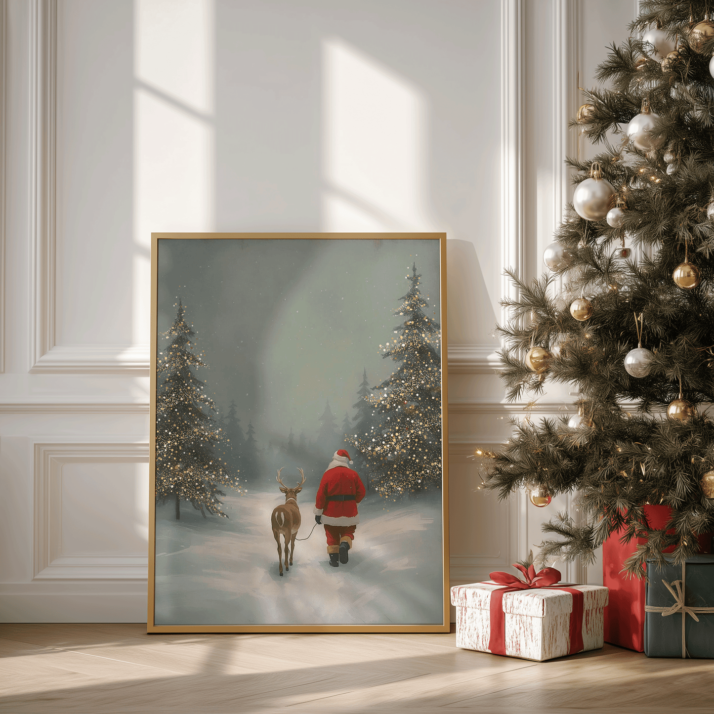 Oversized vintage Santa and reindeer Christmas wall art leaning beside a decorated tree, styled as warm holiday décor for a living room, dining room, or family room
