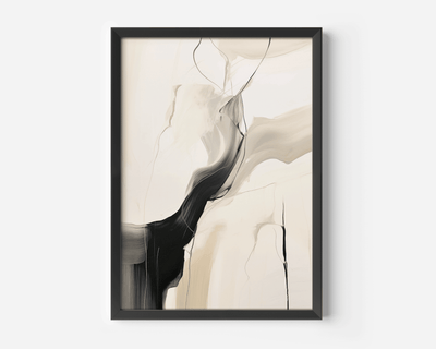 Larger canvas wall art with a black frame and black, white, and beige colors on a white background