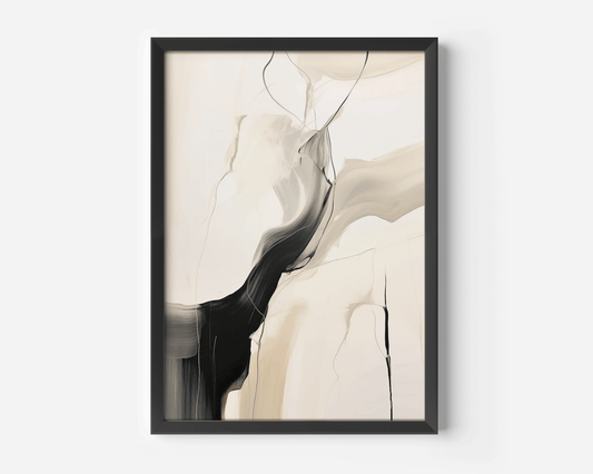 Larger canvas wall art with a black frame and black, white, and beige colors on a white background