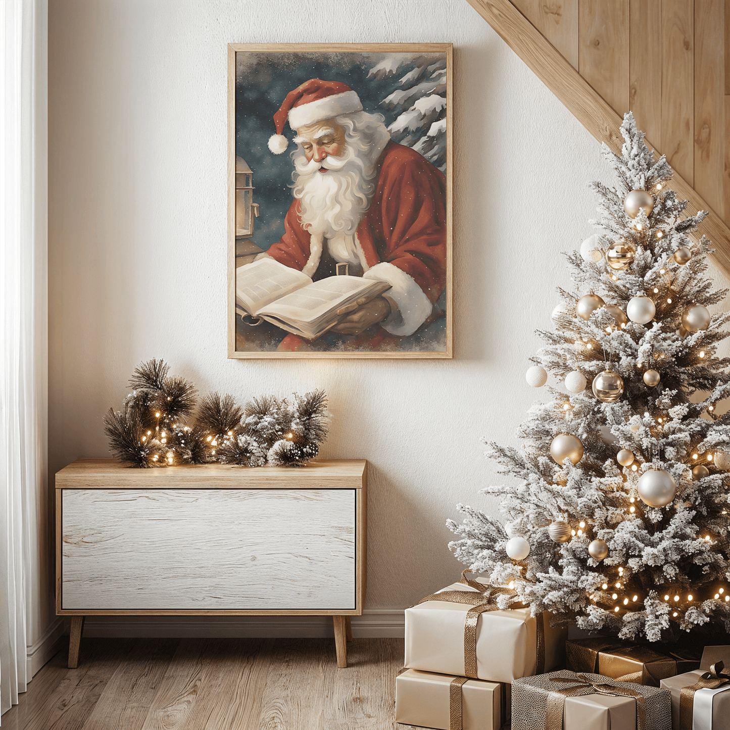 Large wall art print framed of a vintage Christmas scene displaying Santa Claus with a red hat on reading a book. Artwork is styled above a wooden console table with frosted garland and wrapped holiday gifts in a neutral, minimal living room