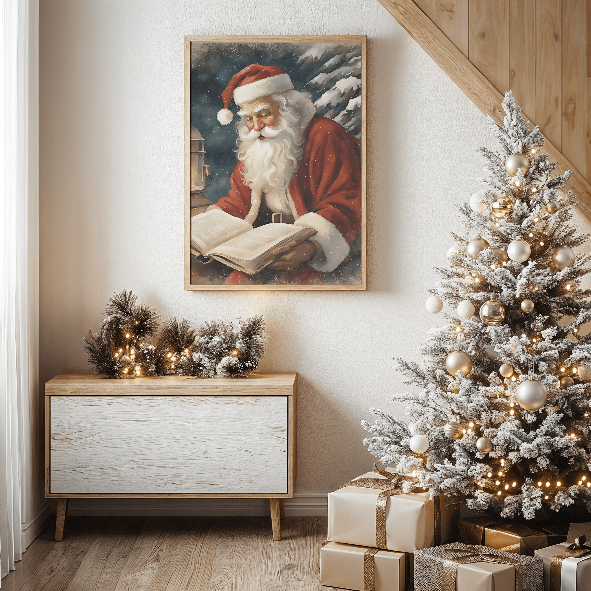 Large wall art print framed of a vintage Christmas scene displaying Santa Claus with a red hat on reading a book. Artwork is styled above a wooden console table with frosted garland and wrapped holiday gifts in a neutral, minimal living room