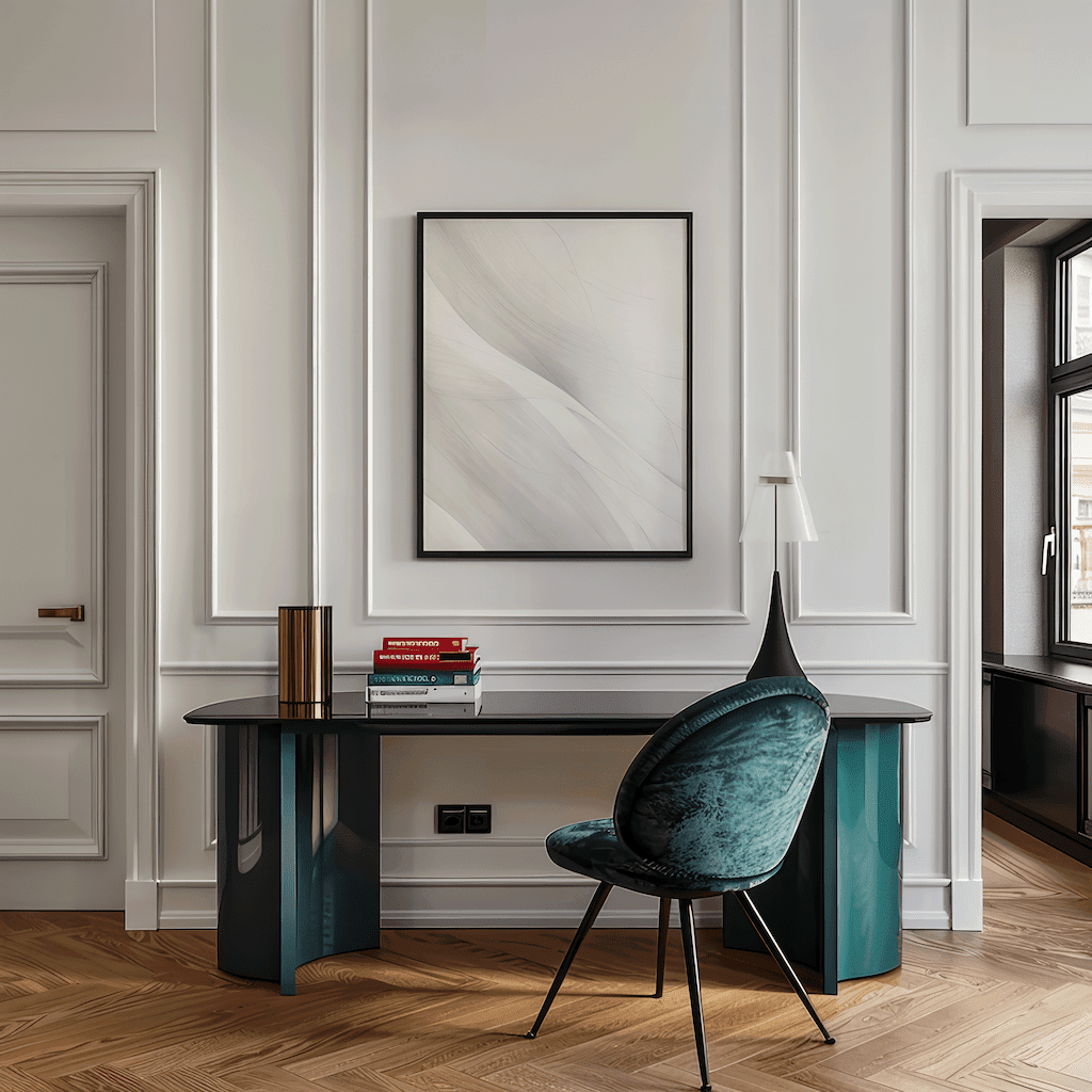 Large white and grey abstract wall art framed in black displayed above modern desk in bright home office