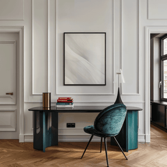 Large white and grey abstract wall art framed in black displayed above modern desk in bright home office