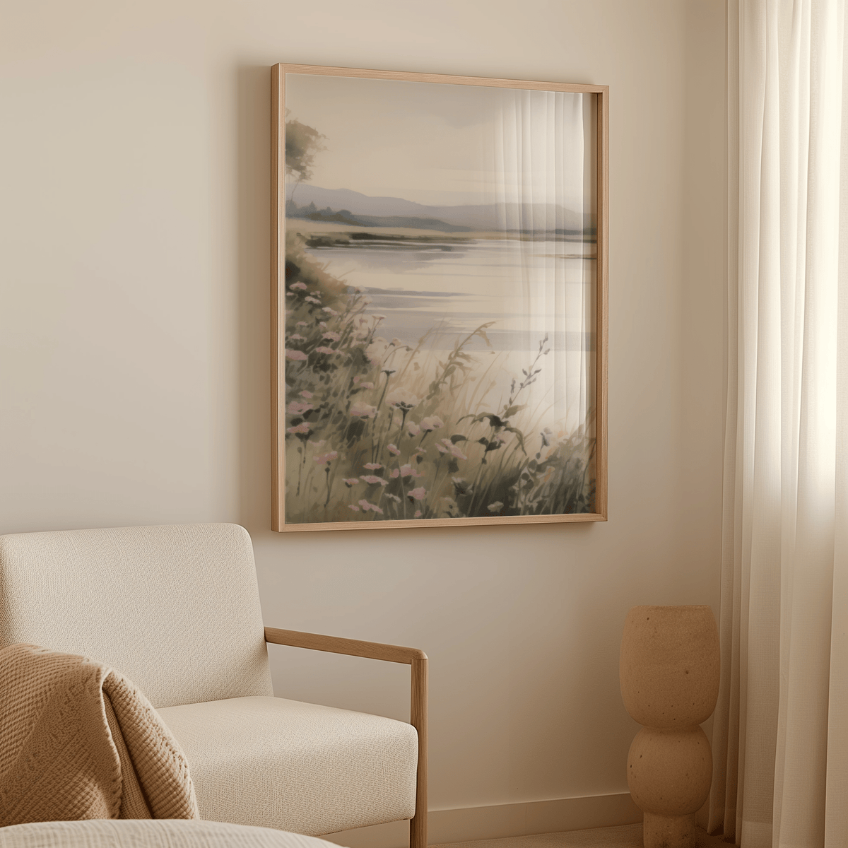 Large framed neutral landscape wall art with flowers in cozy modern living room next to beige armchair