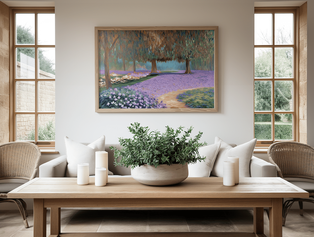 Purple lavender meadow nature landscape wall art framed with painterly countryside path and serene tones. Impressionist style with an abstract design and a light wooden frame hanging above a white couch in a minimal living room with wooden accents.