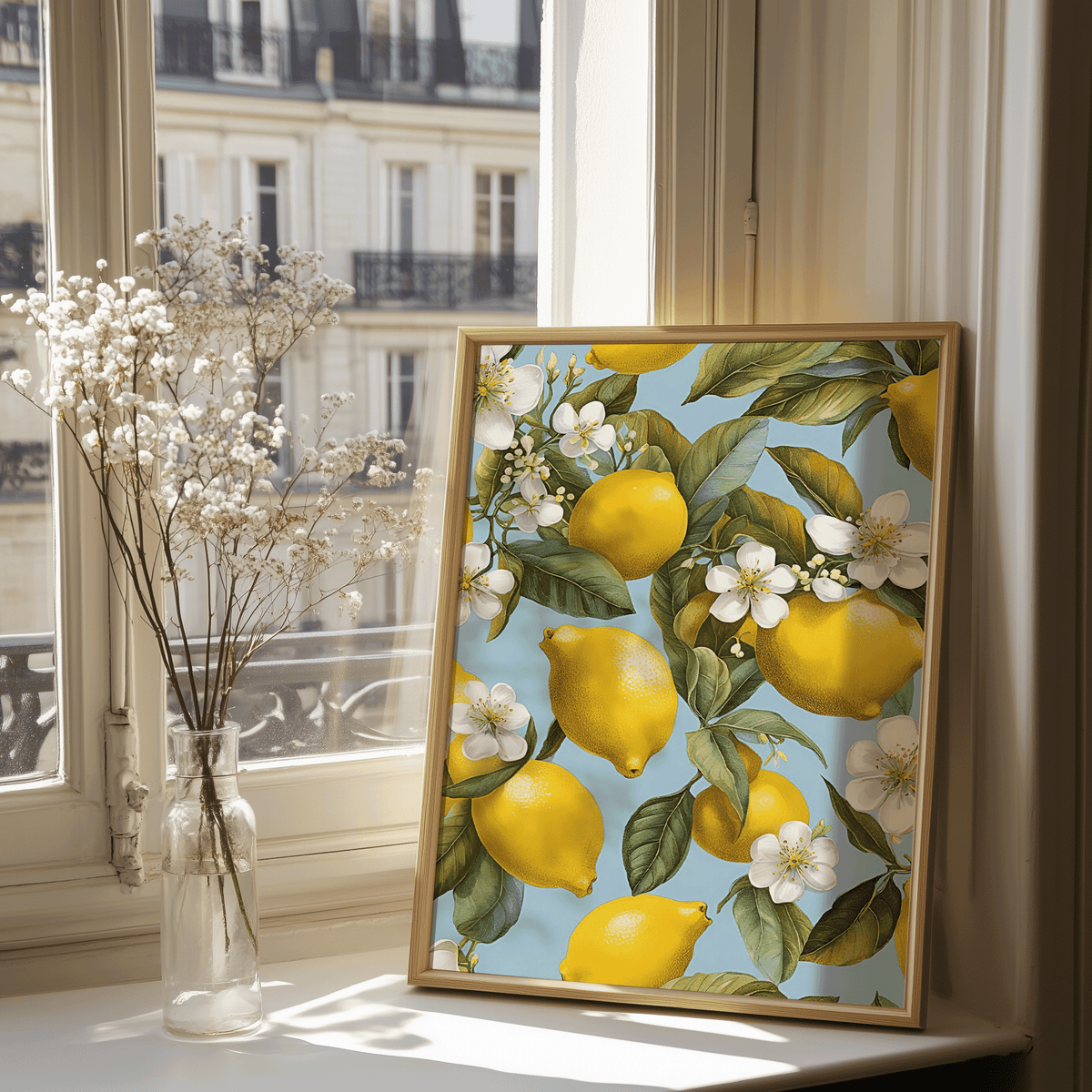 Lemon botanical art print with gold frame displayed by a window with sunlight and glass vase of white flowers