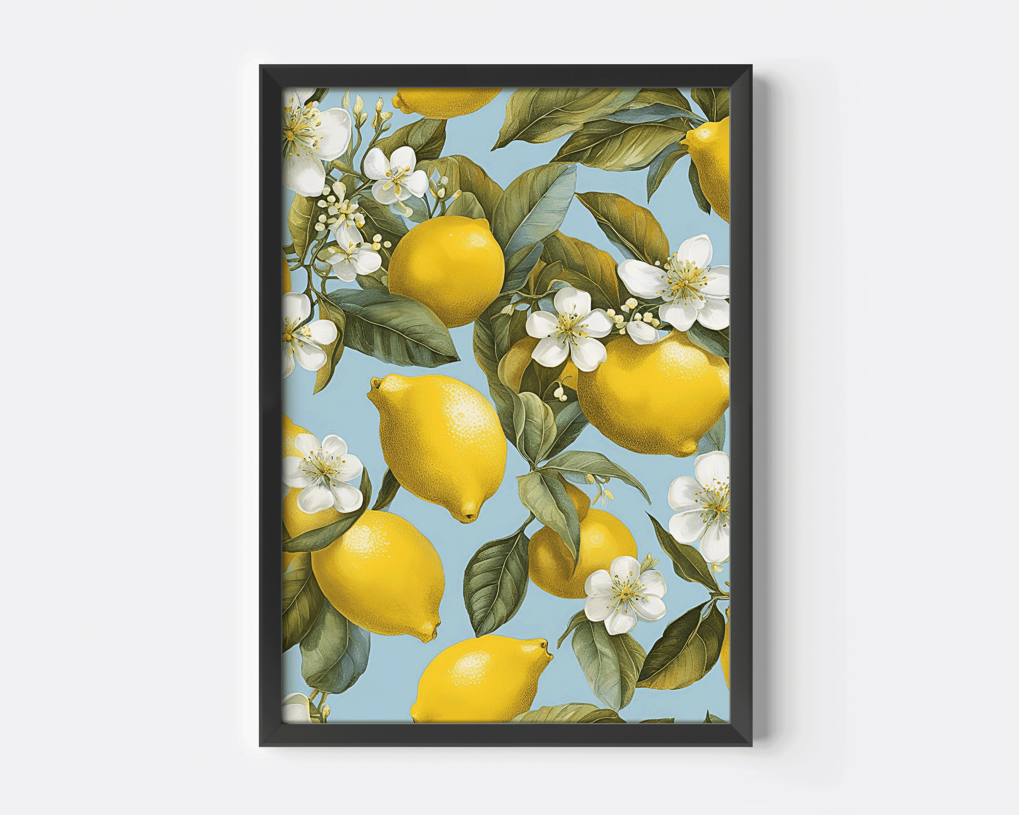 Close-up of lemon botanical wall art with detailed yellow lemons, white blossoms, and green leaves on a soft blue backdrop and a black frame