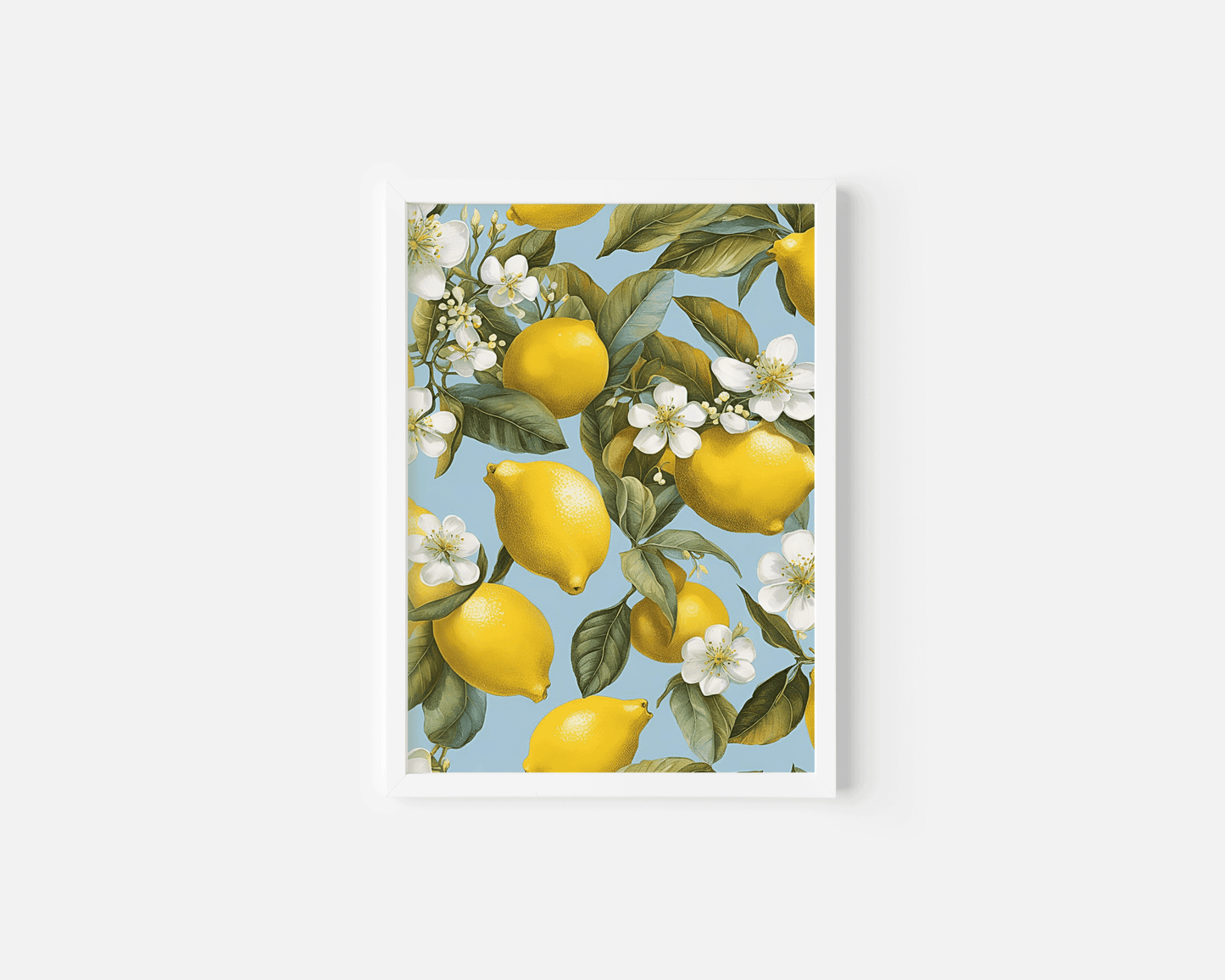 Lemon botanical wall art featuring bright yellow lemons and white blossoms on a soft blue background with a white frame