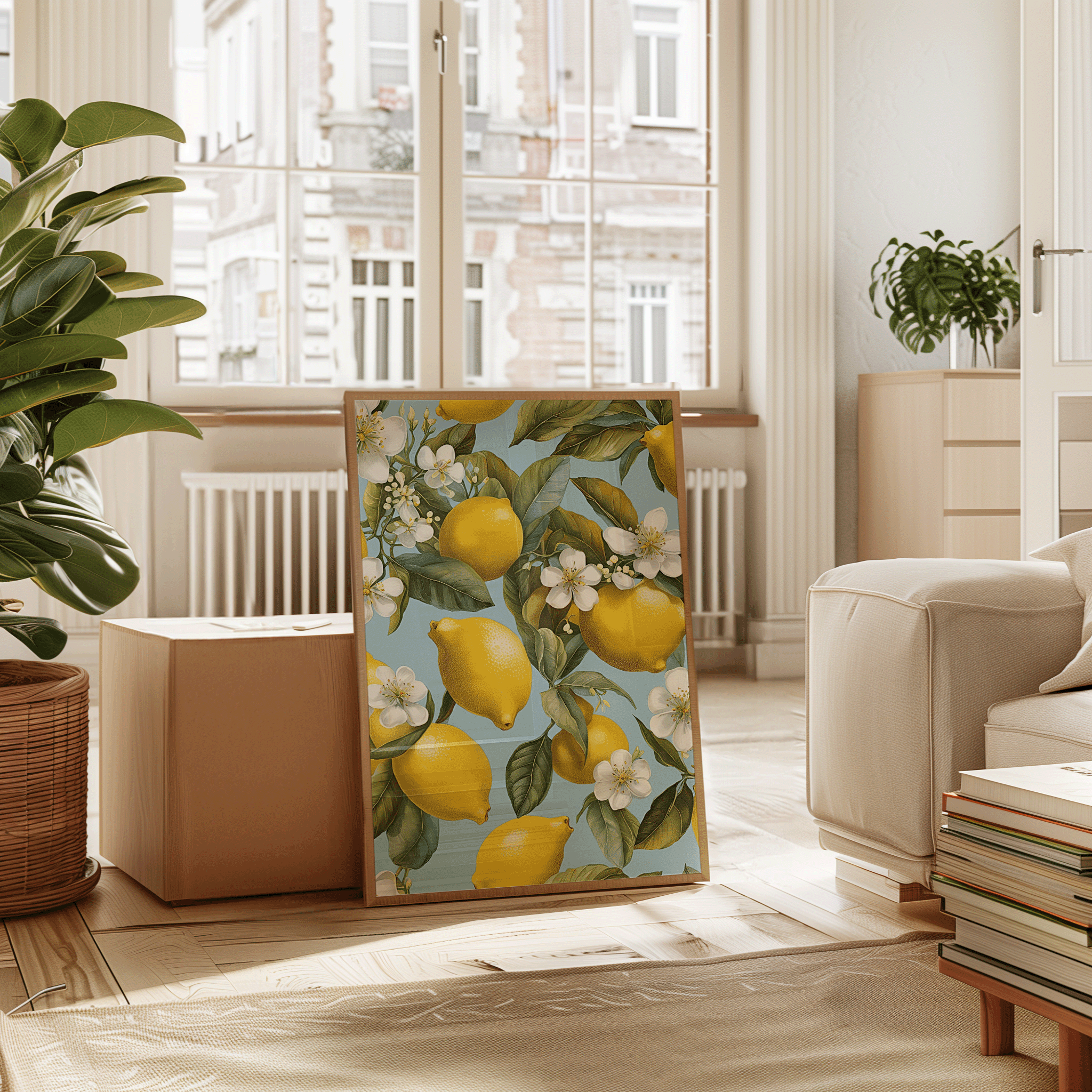 Lemon and white flower wall art canvas print leaning by a sunlit window in a modern apartment with plants and wooden accents