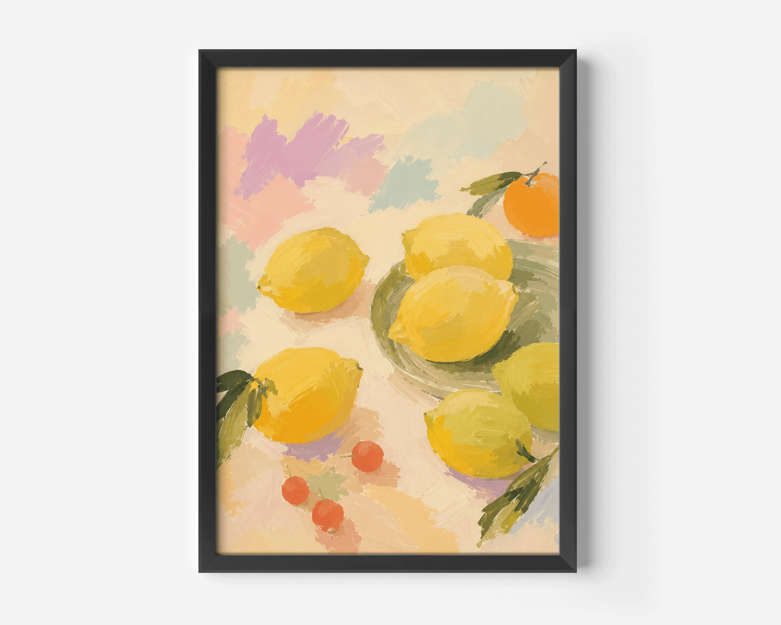A black-framed still life wall art print featuring yellow lemons, green leaves, and small red berries on a soft pastel background.