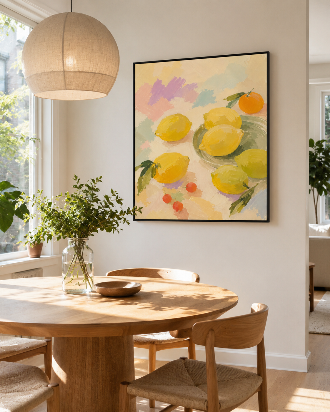 A framed wall art print depicting a still life of yellow lemons on a pastel background, hanging on a light beige wall in a modern dining room.