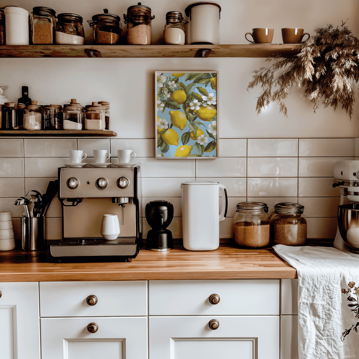 Lemon wall art print hanging above a modern kitchen coffee station with espresso machine and wooden shelves