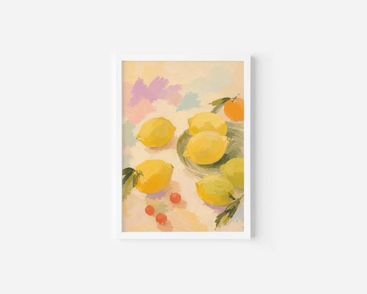 A framed still life art print featuring yellow lemons painted in a soft, impressionistic style with green leaves and small red berries, set against a light gray background.