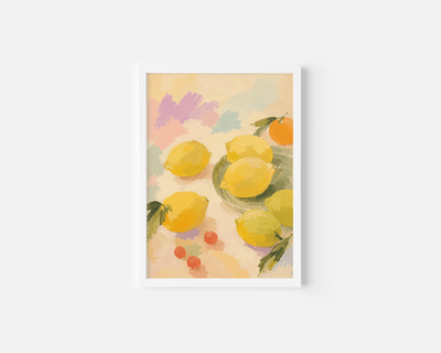 A framed still life art print featuring yellow lemons painted in a soft, impressionistic style with green leaves and small red berries, set against a light gray background.