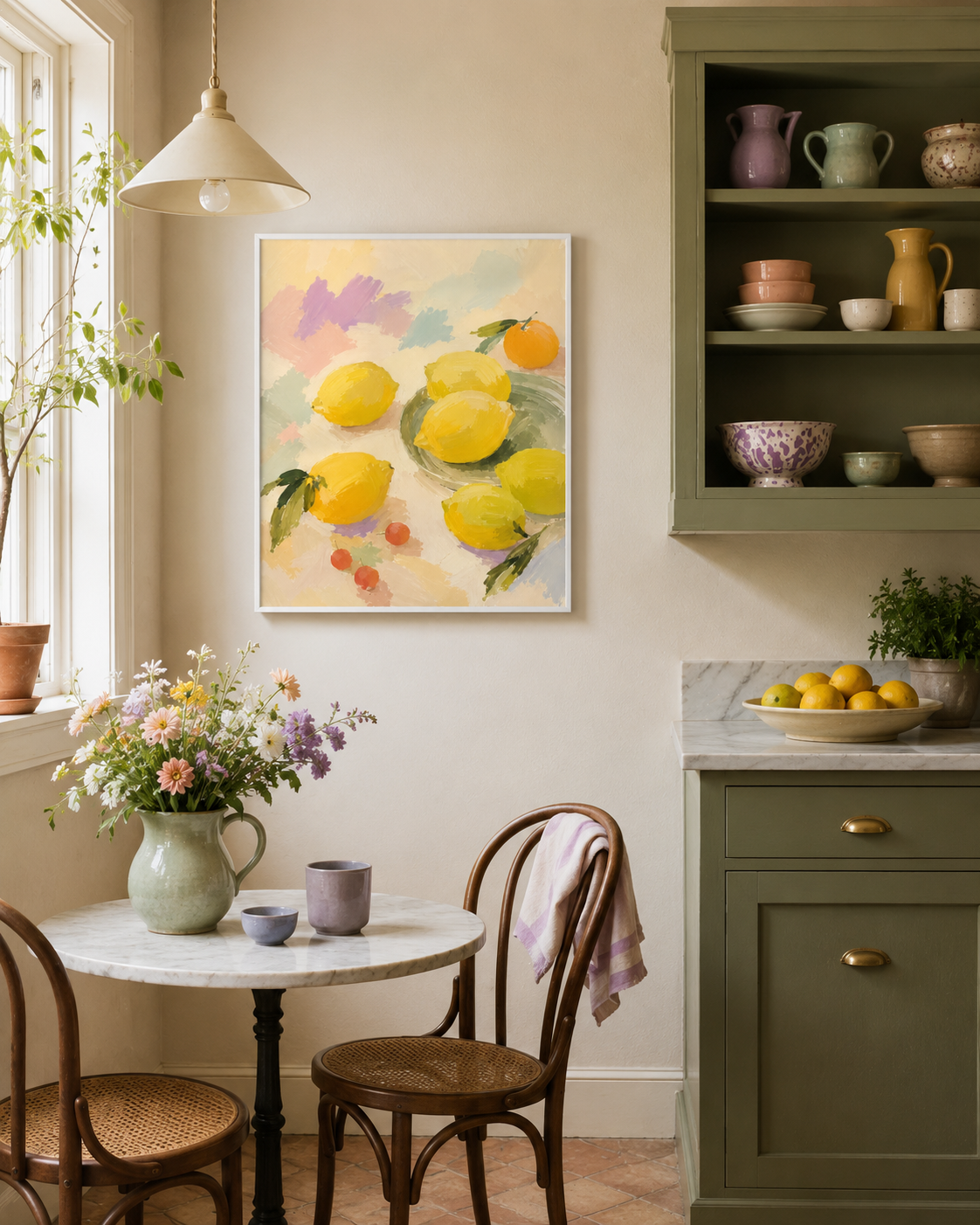 A white-framed wall art print with yellow lemons hangs on a beige wall in a styled kitchen dining area.