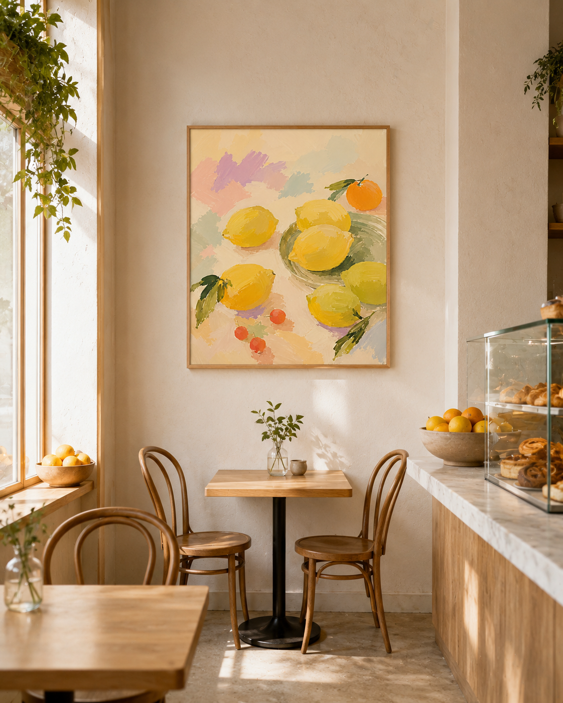 A wood-framed art print depicting a colorful still life of lemons hangs on a beige wall in a cozy cafe restaurant setting.