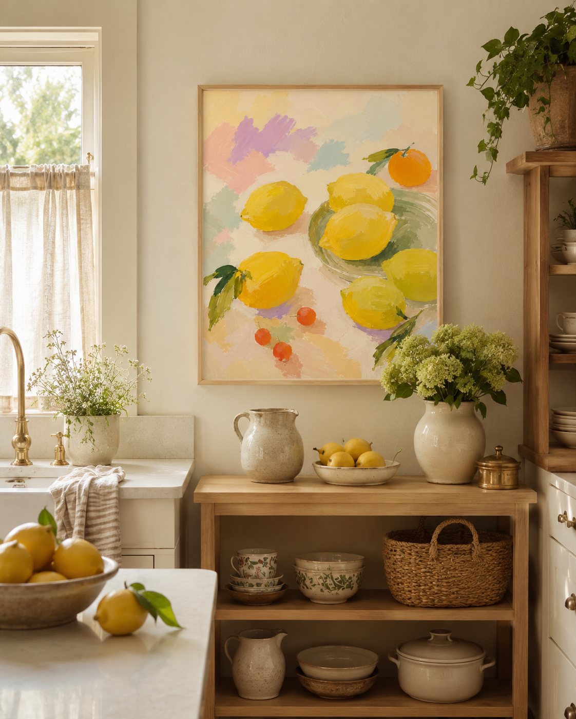 A natural wood-framed wall art print of yellow lemons hangs on a beige wall in a bright, warm kitchen. 