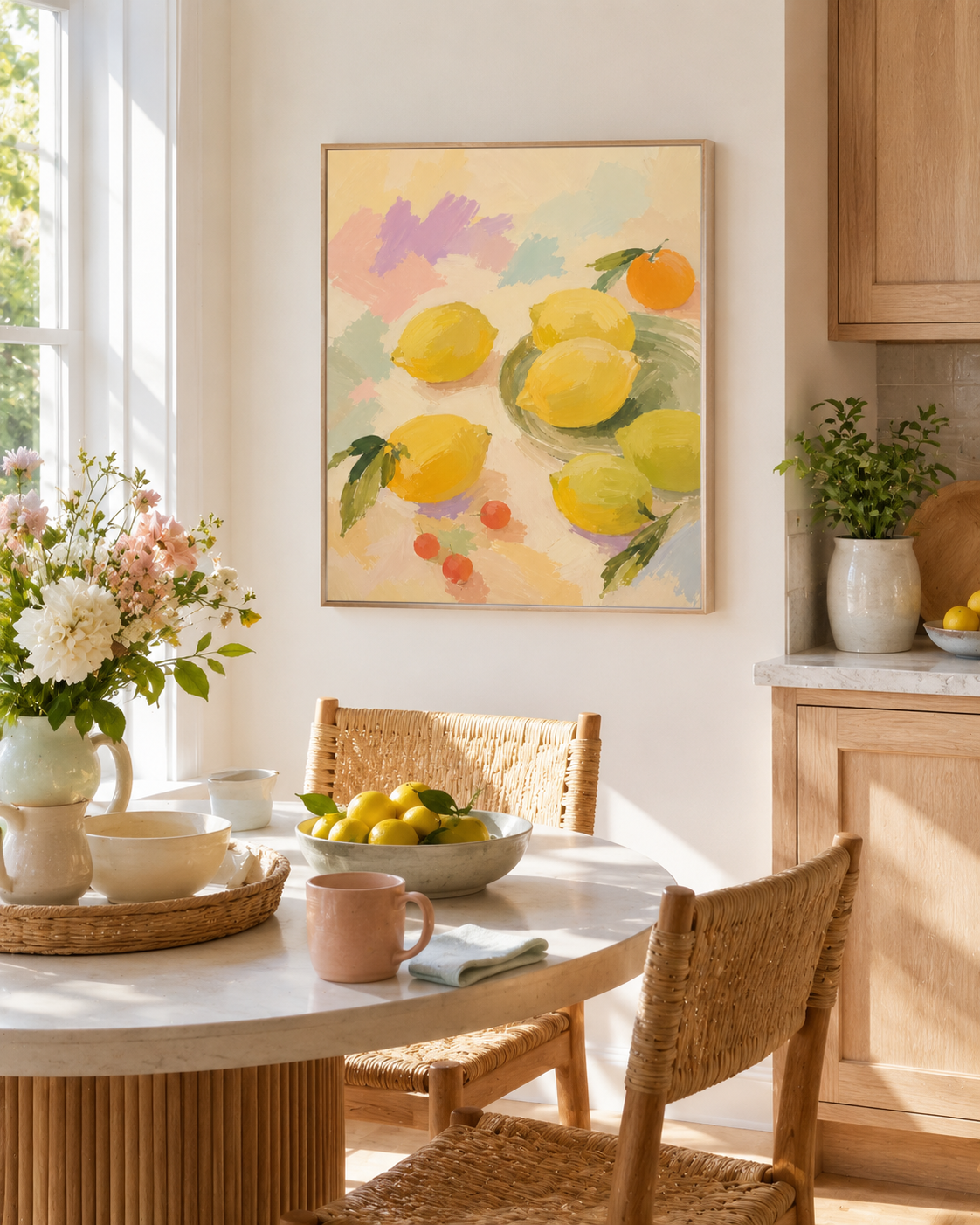 A framed abstract still life wall art print of lemons hangs on a warm beige wall in a bright, sunlit dining or kitchen area.