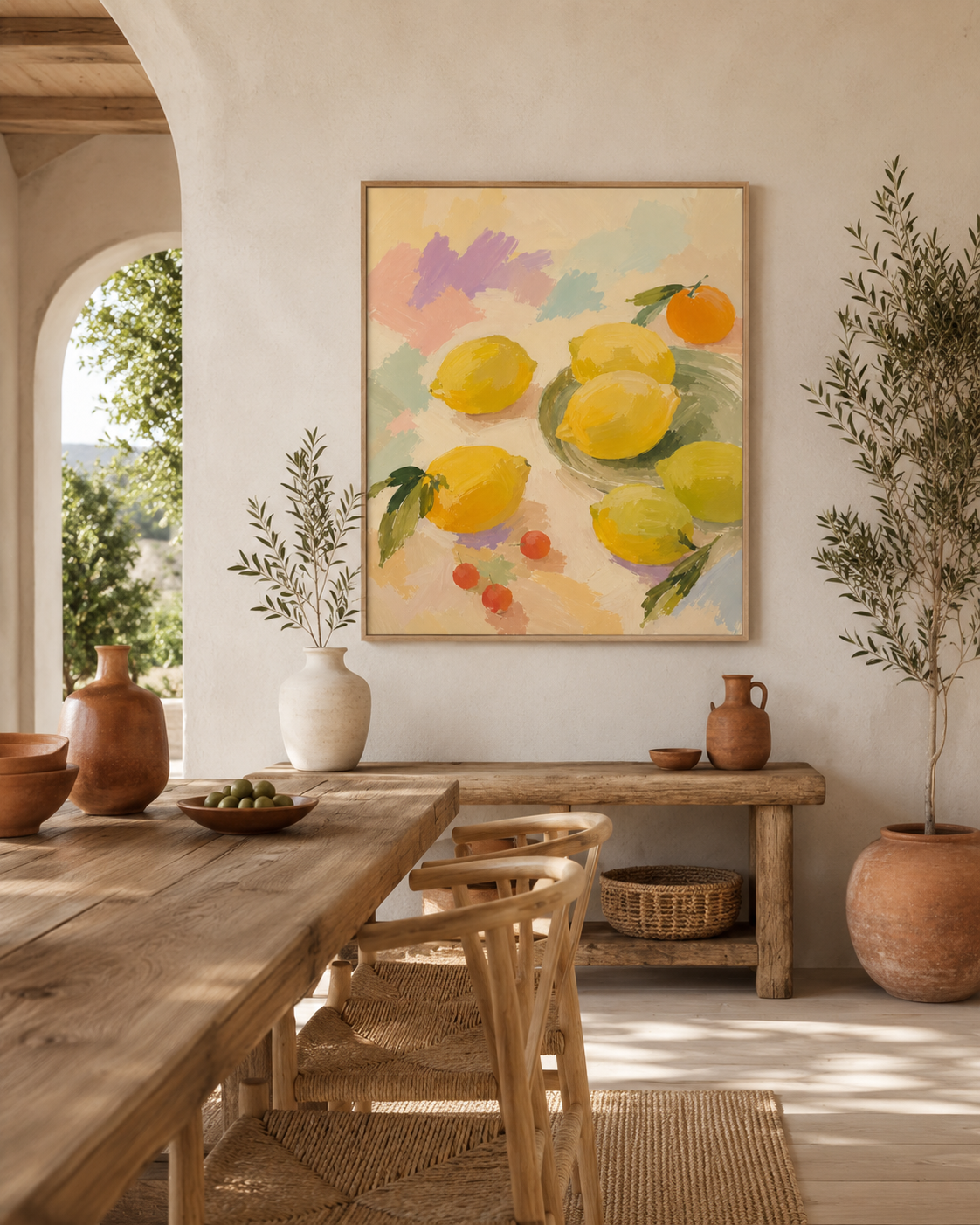 A framed still life wall art print of lemons and oranges hangs on a warm beige wall in a rustic dining room setting.