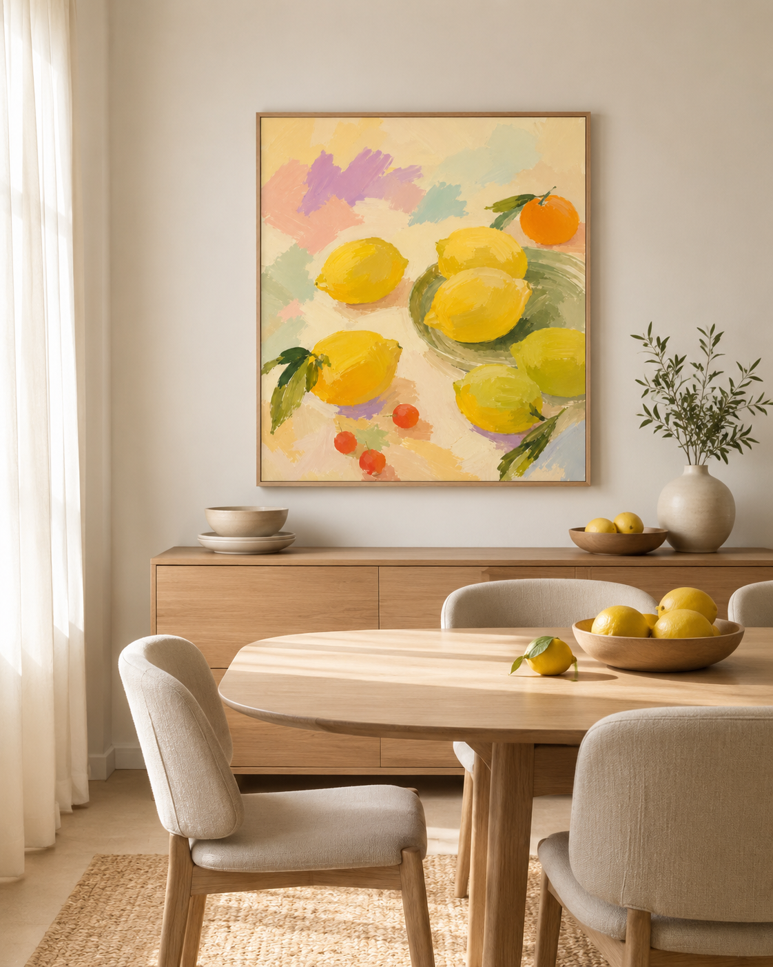 A framed abstract lemon wall art print on a beige wall above a light wood sideboard in a dining room setting.