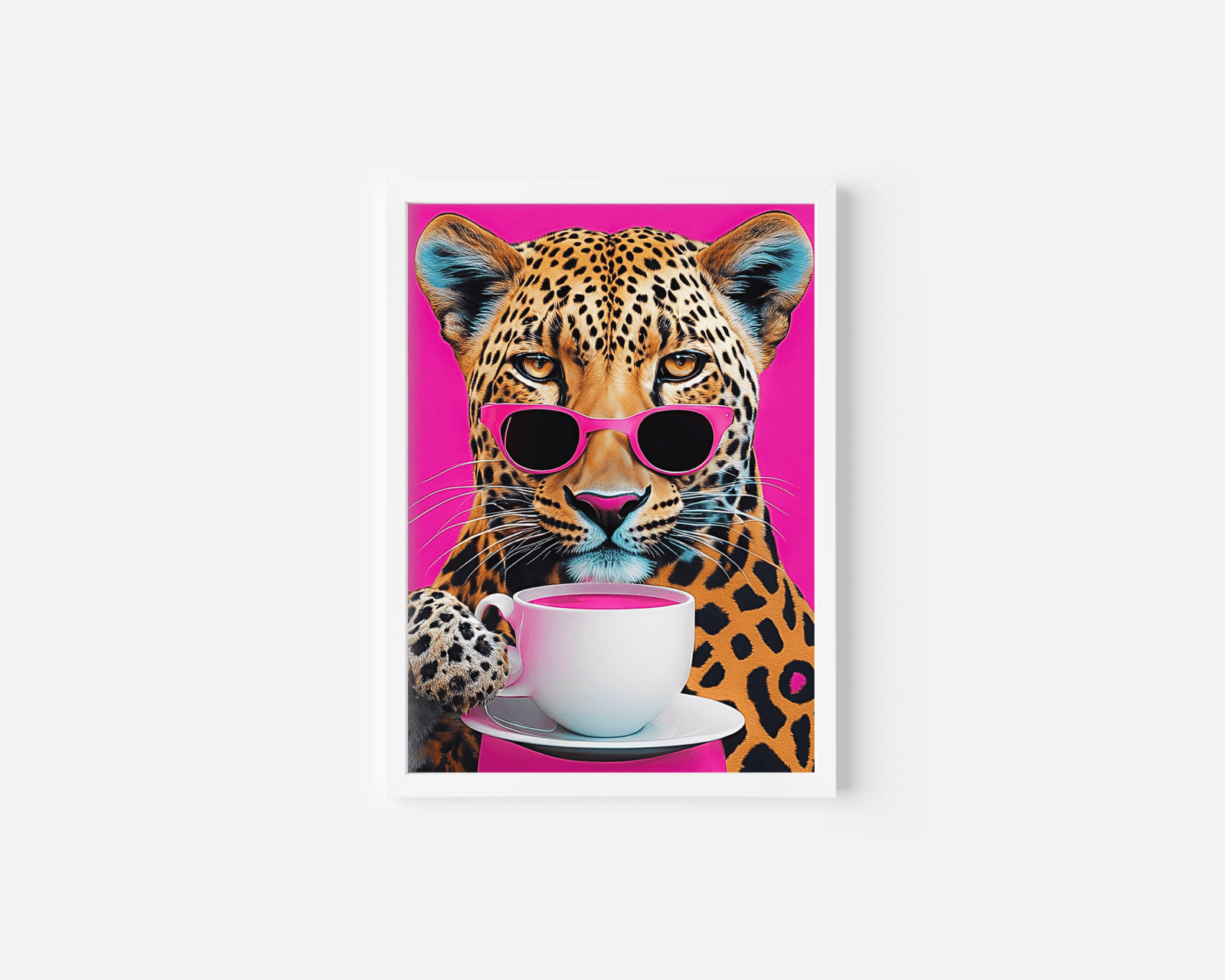 Leopard framed wall art wearing sunglasses and holding a coffee cup on a pink background