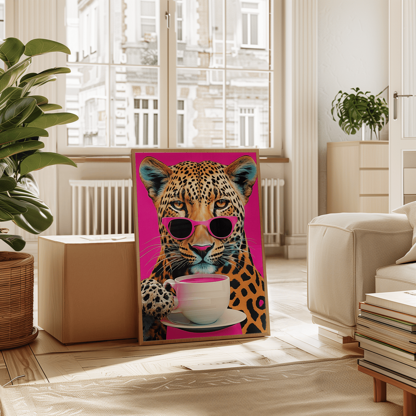 Leopard print wall art in natural frame displayed in a living room